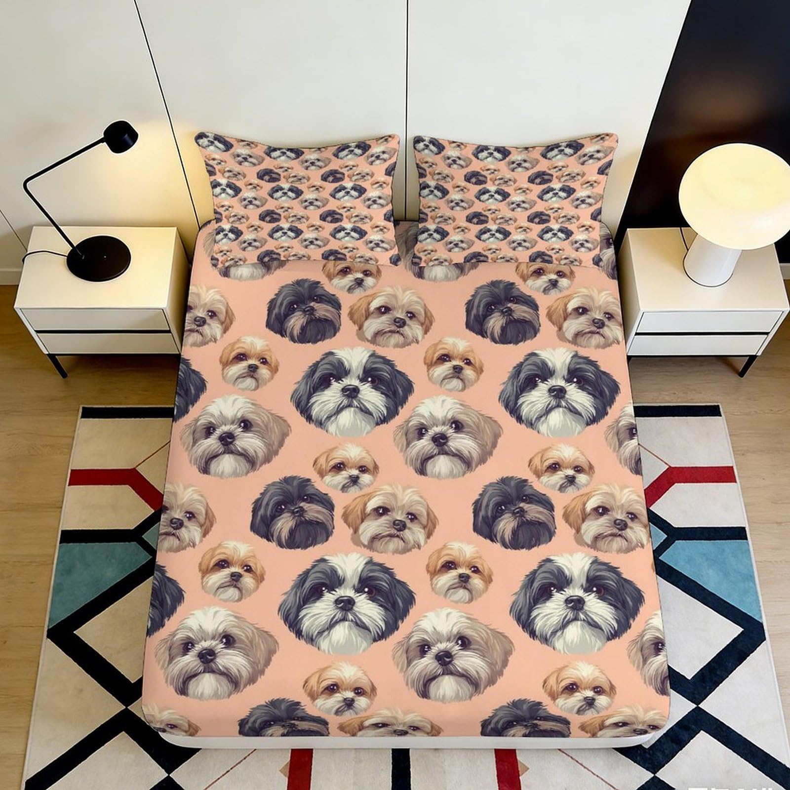 3D Printed Shih Tzu Dog Fitted Sheet Microfiber Non-Slip Bed Cover for Bedroom Guest Room Mattress Protection 90x200x25cm