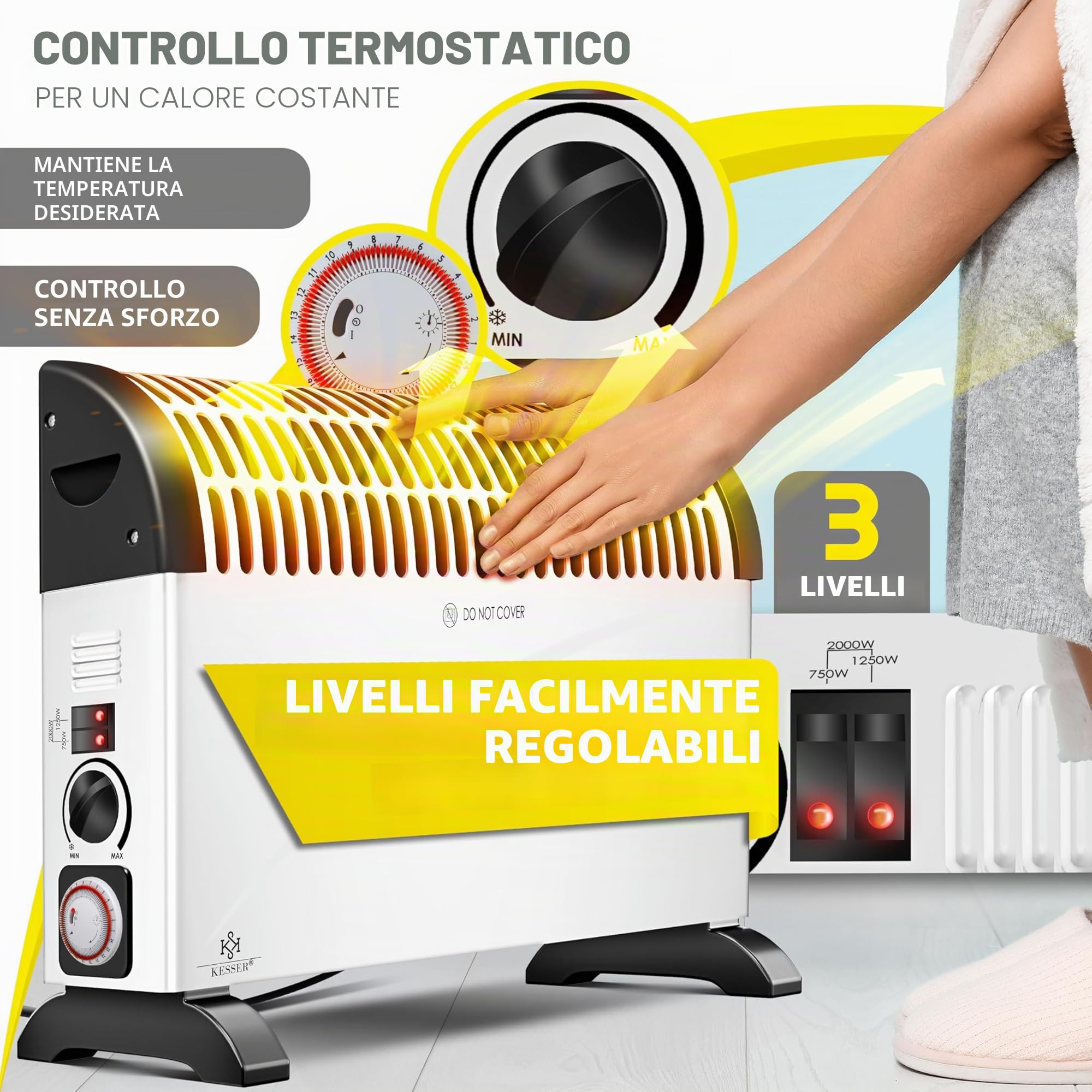 KESSER® Termoconvettore Riscaldatore da 2000 watt, timer 24 ore | controllo termico continuo | Riscaldamento turbo | 3 livelli | Vassoi per il trasporto, bianco