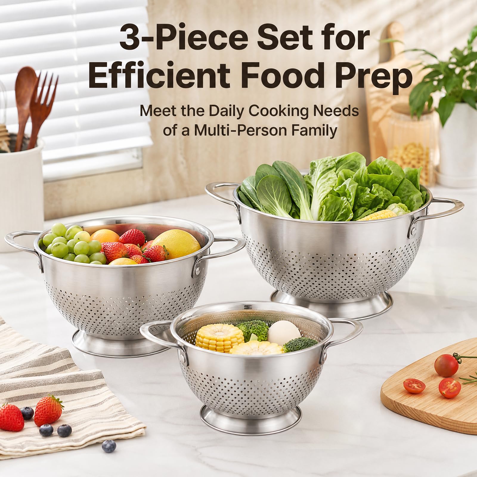 Juego de 3 coladores para pasta (acero inoxidable, 20/24/26 cm)