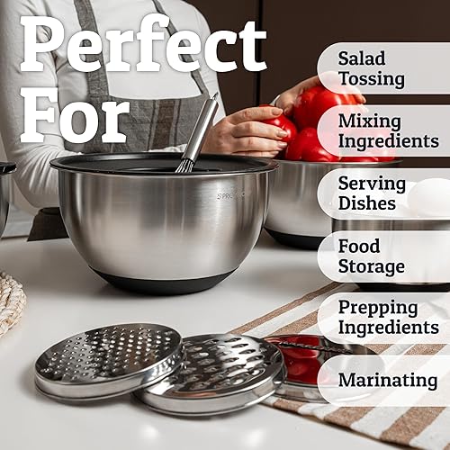 Miniatura 6 de Priority Chef Juego de tazones para mezclar de acero inoxidable con tapas, 3 accesorios para rallar, tapas herméticas, base de silicona