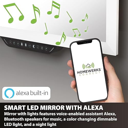 Miniatura 4 de Homewerks 75-105-AX 24 pulgadas x 30 pulgadas Espejo inteligente con Alexa habilitado para voz, altavoces Bluetooth, luz LED regulable y luz nocturna