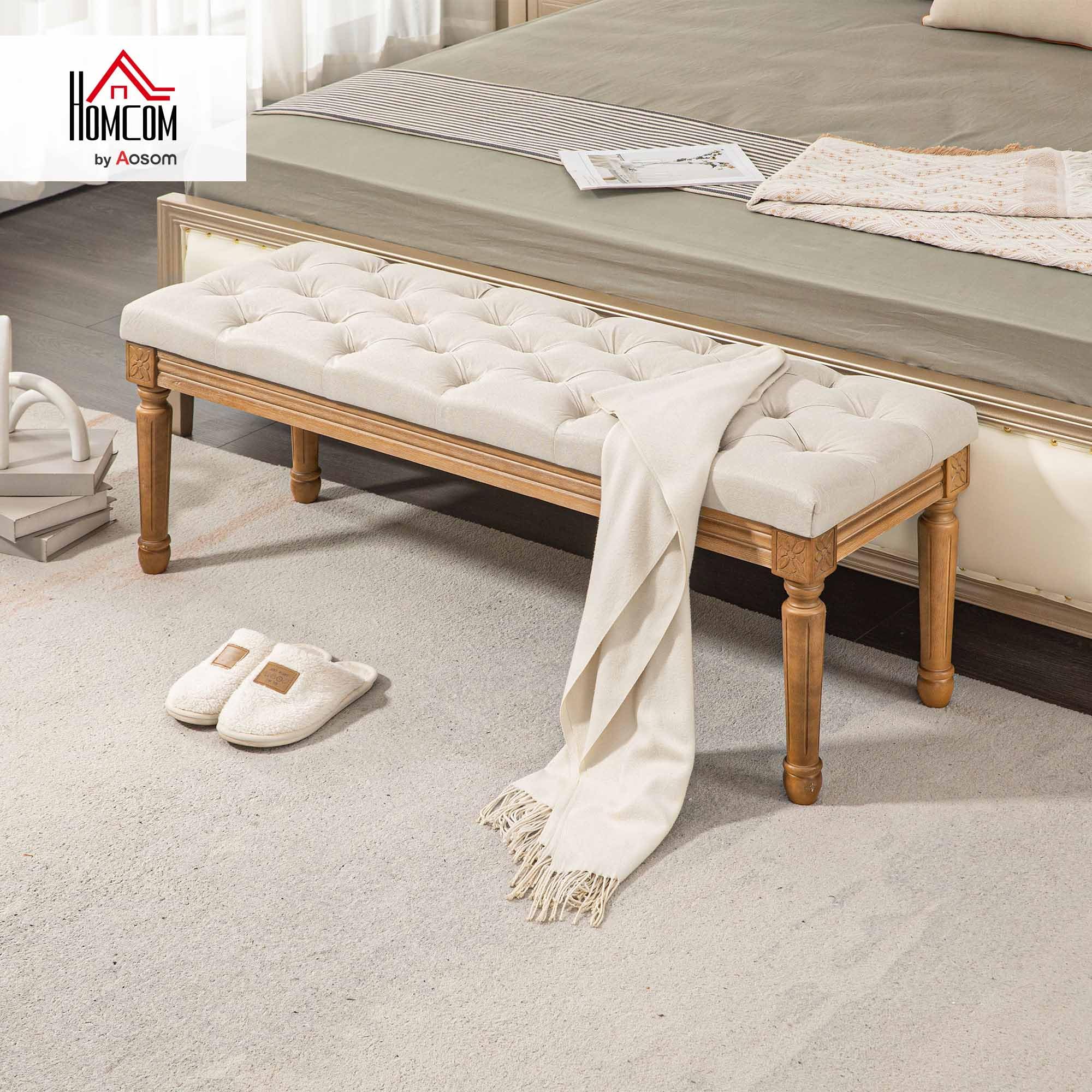 HOMCOM Banc, banc rembourré avec aspect lin, pieds en bois, banc de lit pour chambre à coucher, salon, couloir, 120 x 41 x 48 cm, crème