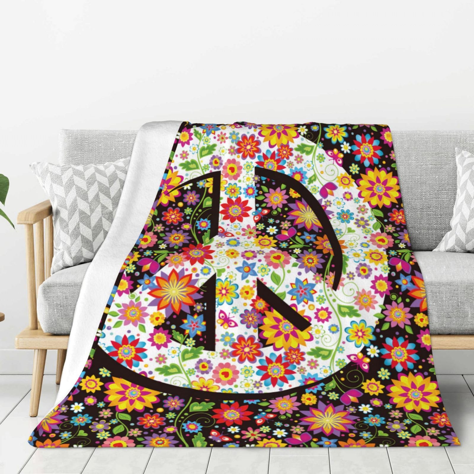 Hippie Flower Peace Blanket, Soft Blankets Flannel Bed Throw Cozy Lightweight Plush Gifts For Women Men Boys Girls Sofa Couch Bedroom Living Rooms