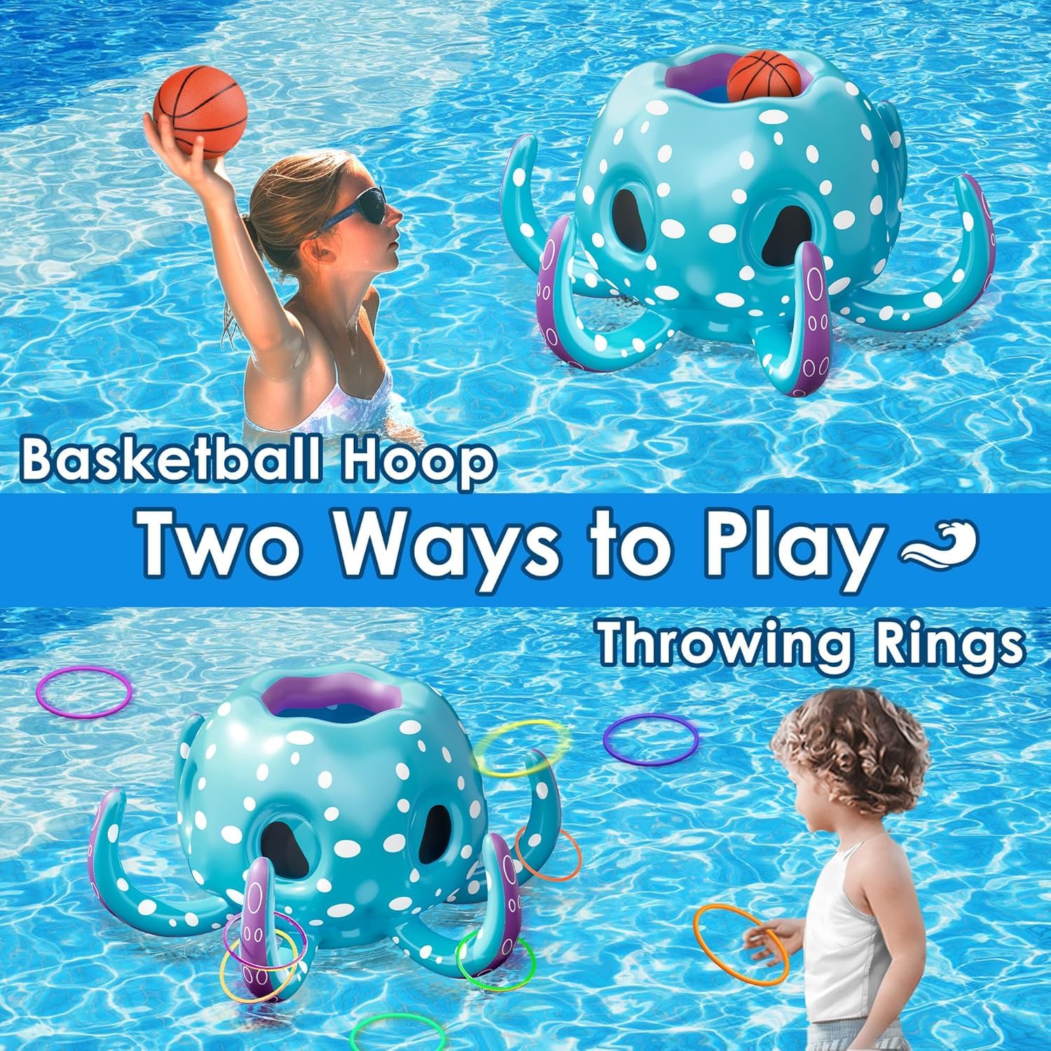 KAHEIGN 80CM Jouets de Piscine Gonflables en Forme de Pieuvre, 2 en 1 Panier de Basket Gonflable et Jeu de Lancer D'anneaux - Jeus Aquatique Gonflable Flottant pour Été Lac Plage Eau Jeu Fête Cadeau