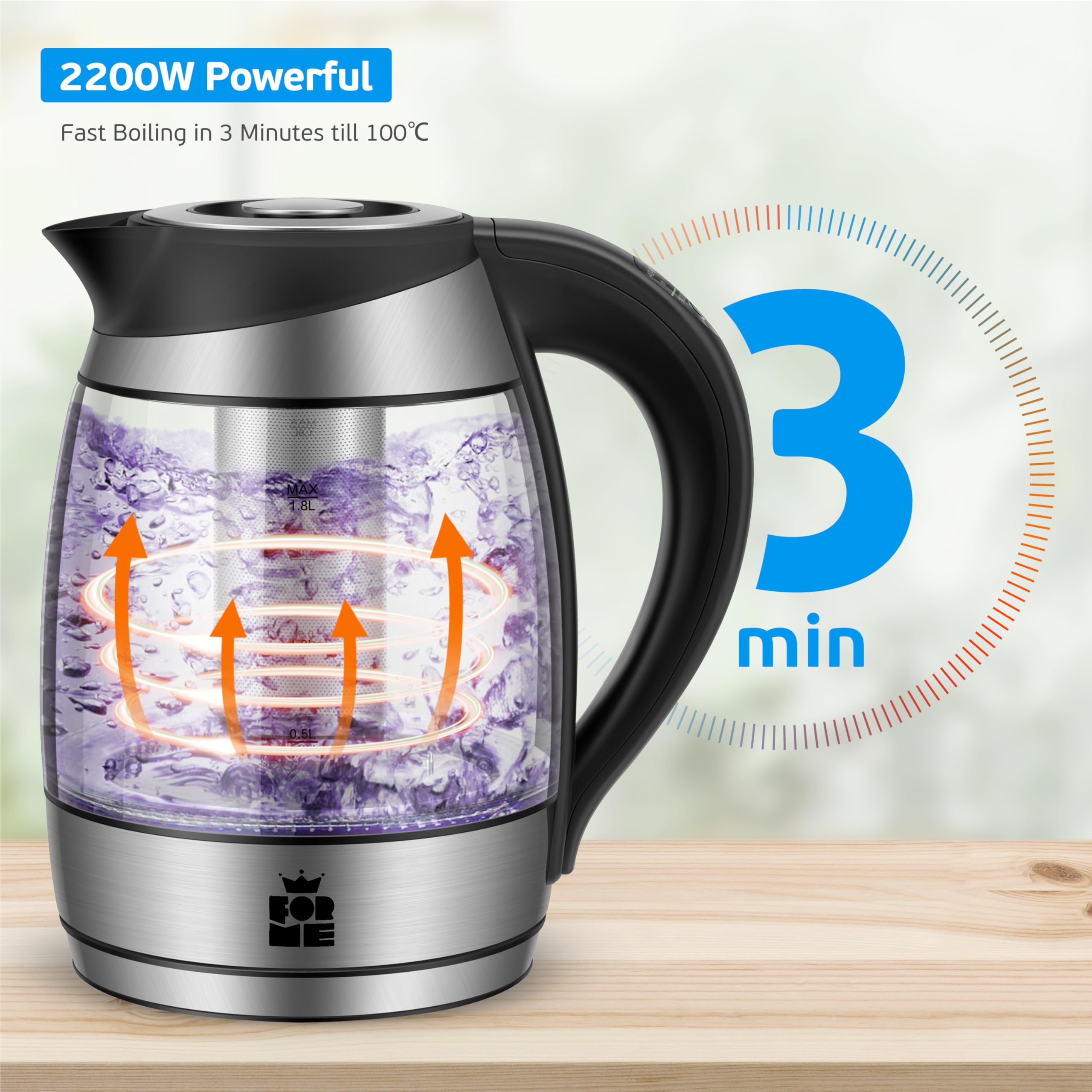 FOR ME Bollitore Elettrico in Vetro 1,8 L, Controllo della Temperatura, Temperatura Selezionabile da 40°C a 100°C, Illuminazione a LED a 5 Colori, Funzione di Mantenimento Caldo, Senza BPA