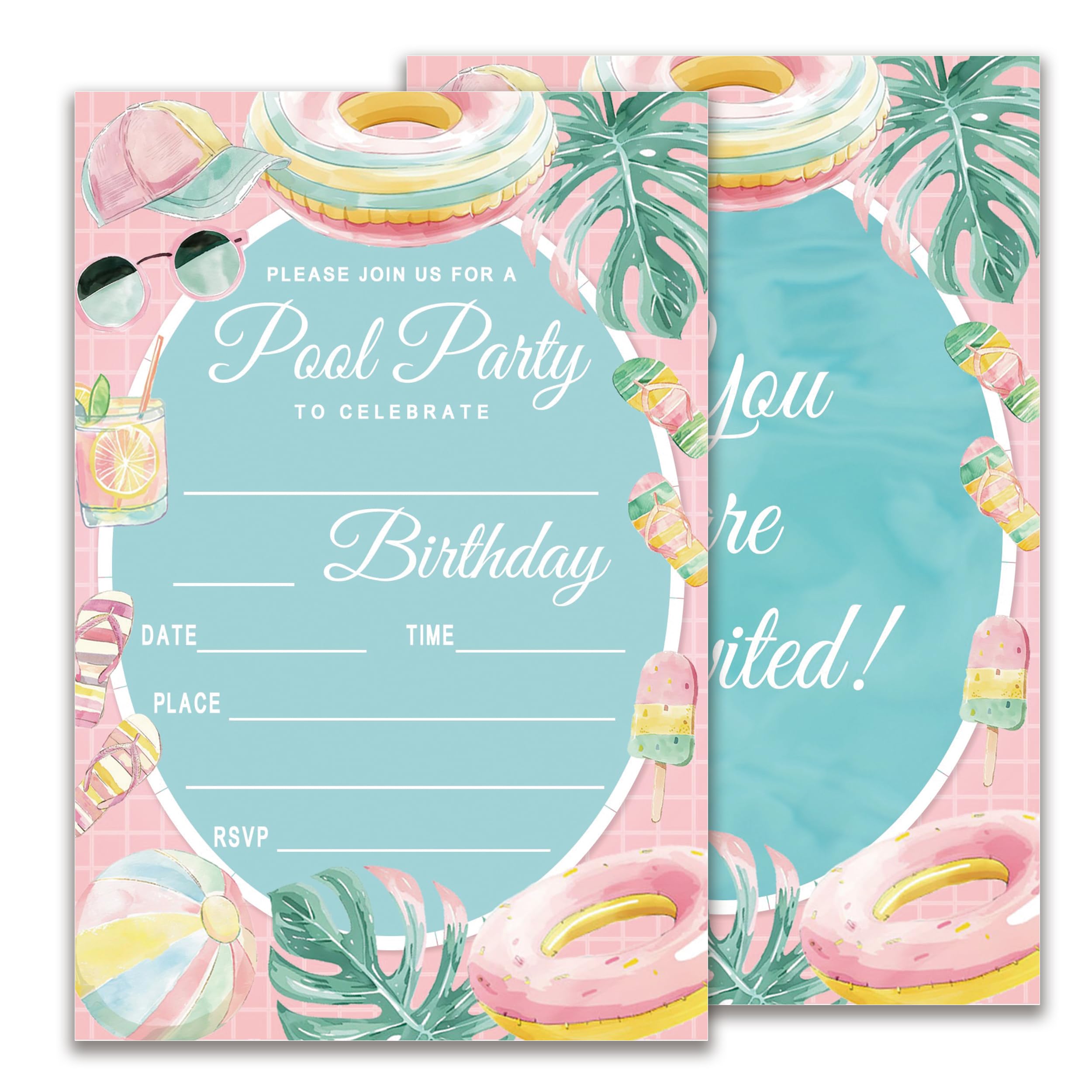 Pool Birthday Invitations, Summer Birthday Party Invitations for Boys Girls, Pool Party Supplies, 20 Double-Sided Fill-In Party Invite Cards with 20 Envelopes 4X6 Inch-D10