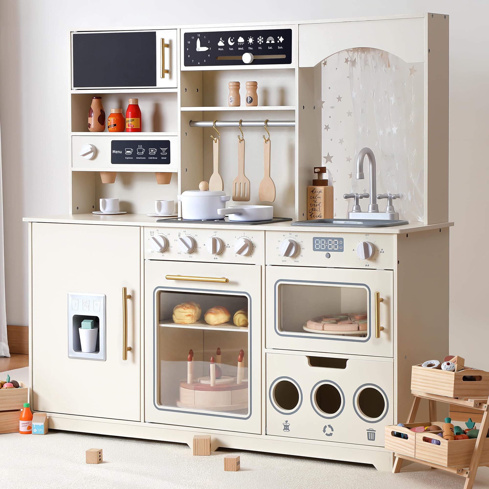 Photo 1 of **USED, DAMAGED** besrey Play Kitchen for Kids, Wooden Kids Play Kitchen Playset with Real Lights & Sounds, Toddler Toy Kitchen with Fun Cookware Accessories, Pretend Play Kitchen Gift for Age 3+