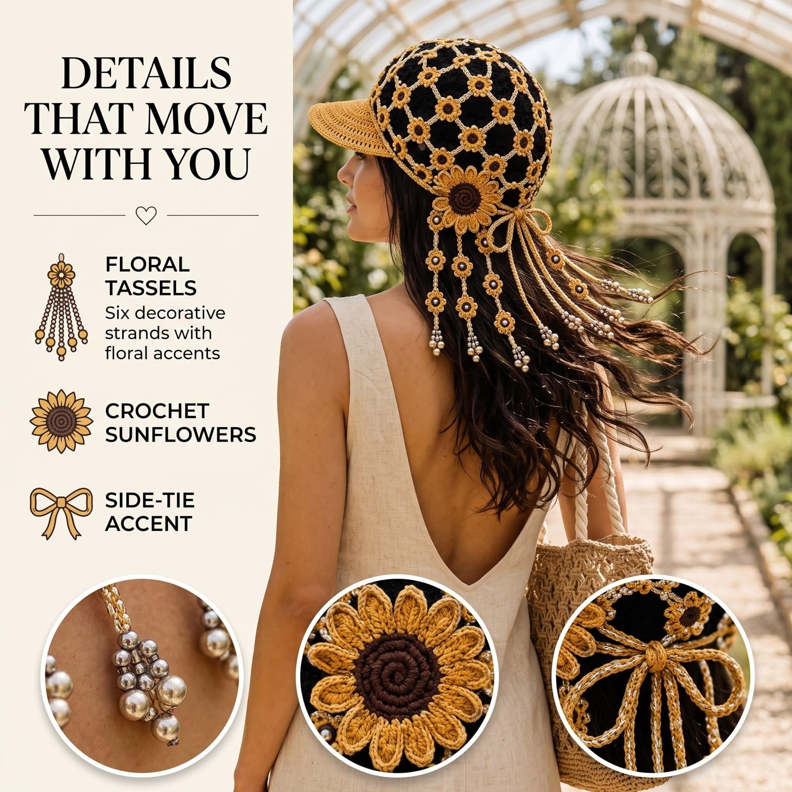 Gorra béisbol ahuecada girasol punto, sombrero sol bohemio transpirable