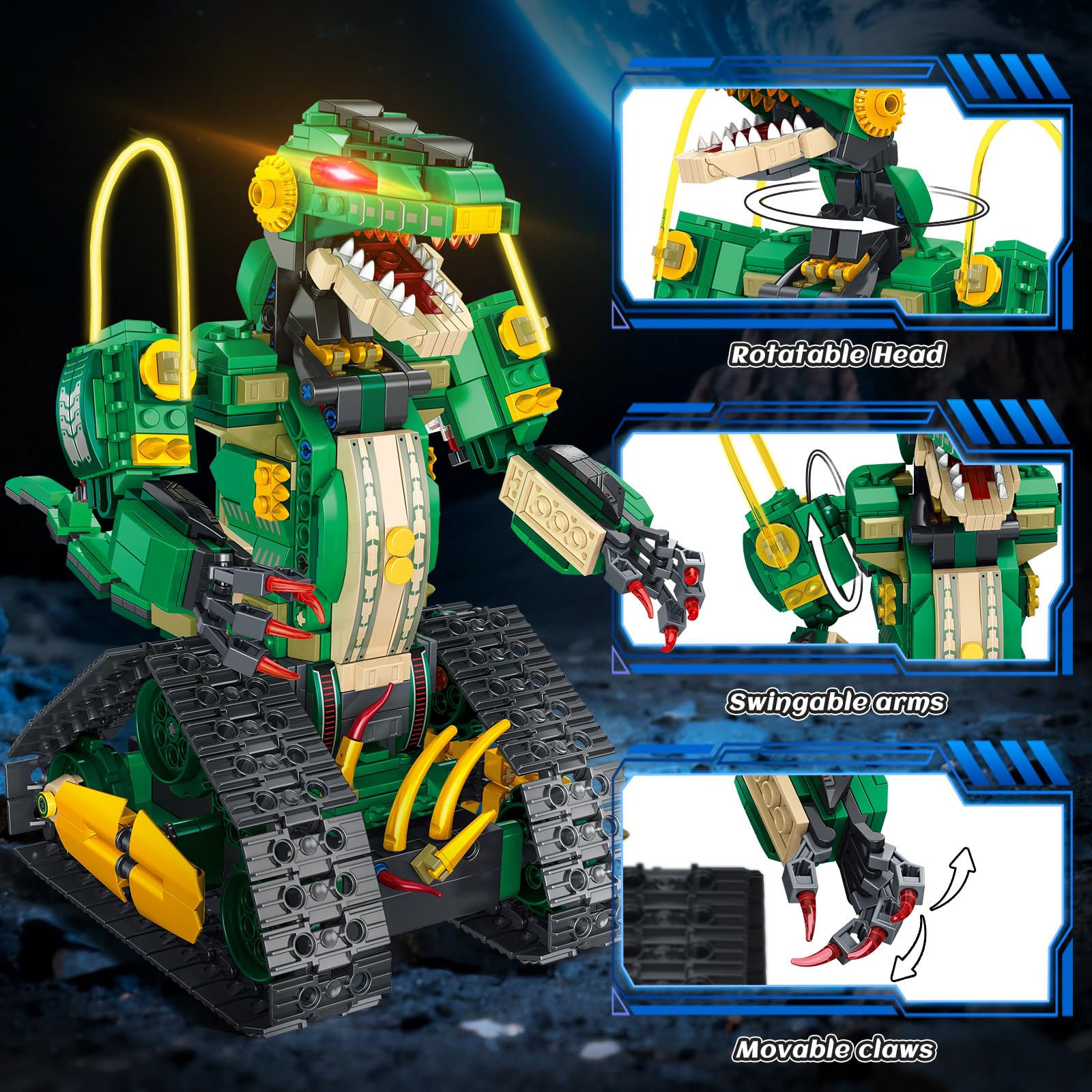 HiWEEGO Technik Roboter für Kinder mit Licht - 5 in 1 Dinosaurier Fernbedienung Bausatz, 877 Teile RC Robot Wiederaufladbar Spielzeug Geschenk für Jungen und Mädchen 8–12 Jahren