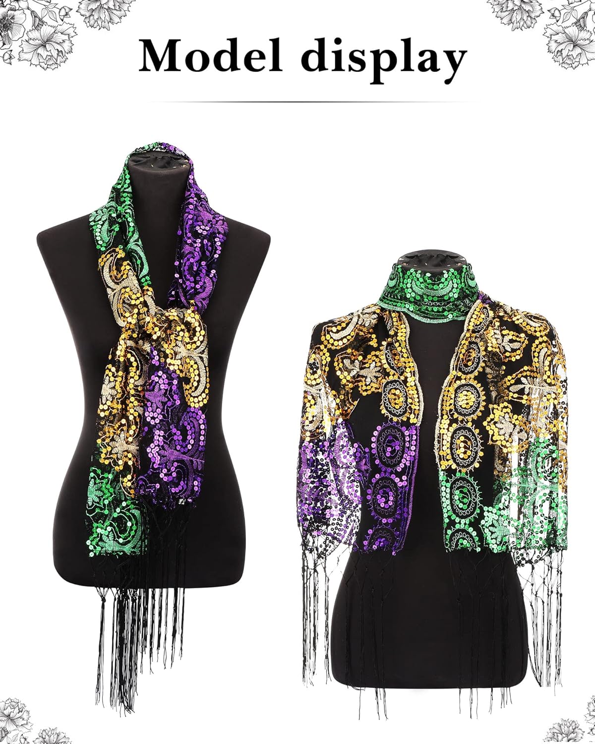 Unittype 4 Pcs Mardi Gras Costumes for Women Mardi Gras Outfit Shawl Scarf with Feather Headband Vintage Tassel Fringe Earrings Accessories Set for Masquerade Party Carnival Parade Dress Party - Image 4