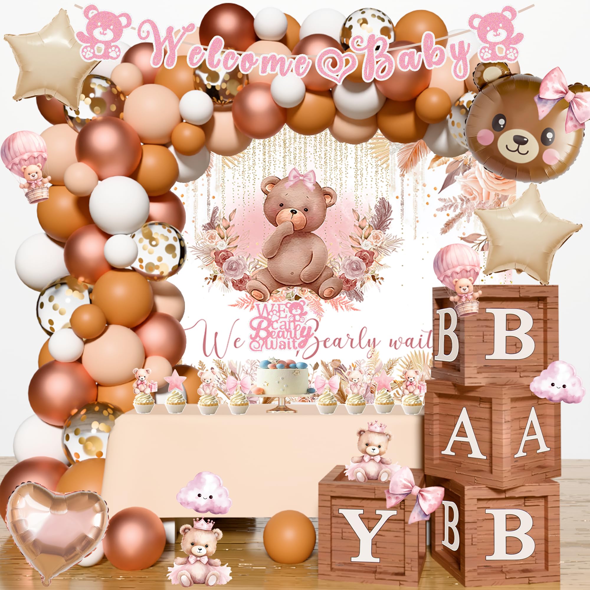 Bear Baby Shower Decorations for Girl Pink We Can Bearly Wait Baby Girl Baby Shower Supplies Bear Balloon Garland Banner Cake Cupcake Topper Baby