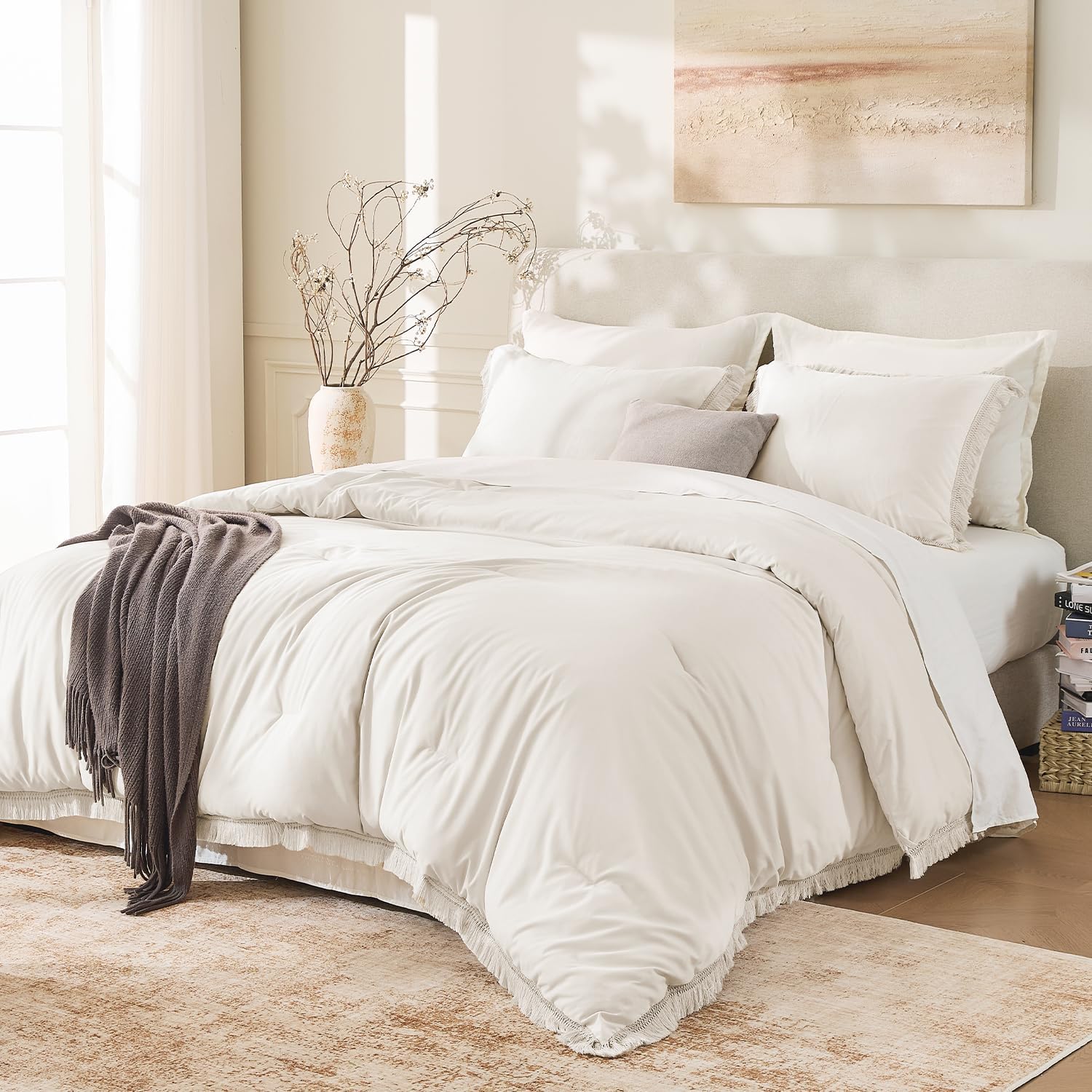 Andency Queen Comforter Set Beige, 3 Pieces Boho Lightweight Fluffy Bedding Comforters & Sets, Soft Tassel All Seasons Bed Set Gift Choice (90x90In Comforter & 2 Pillowcases)
