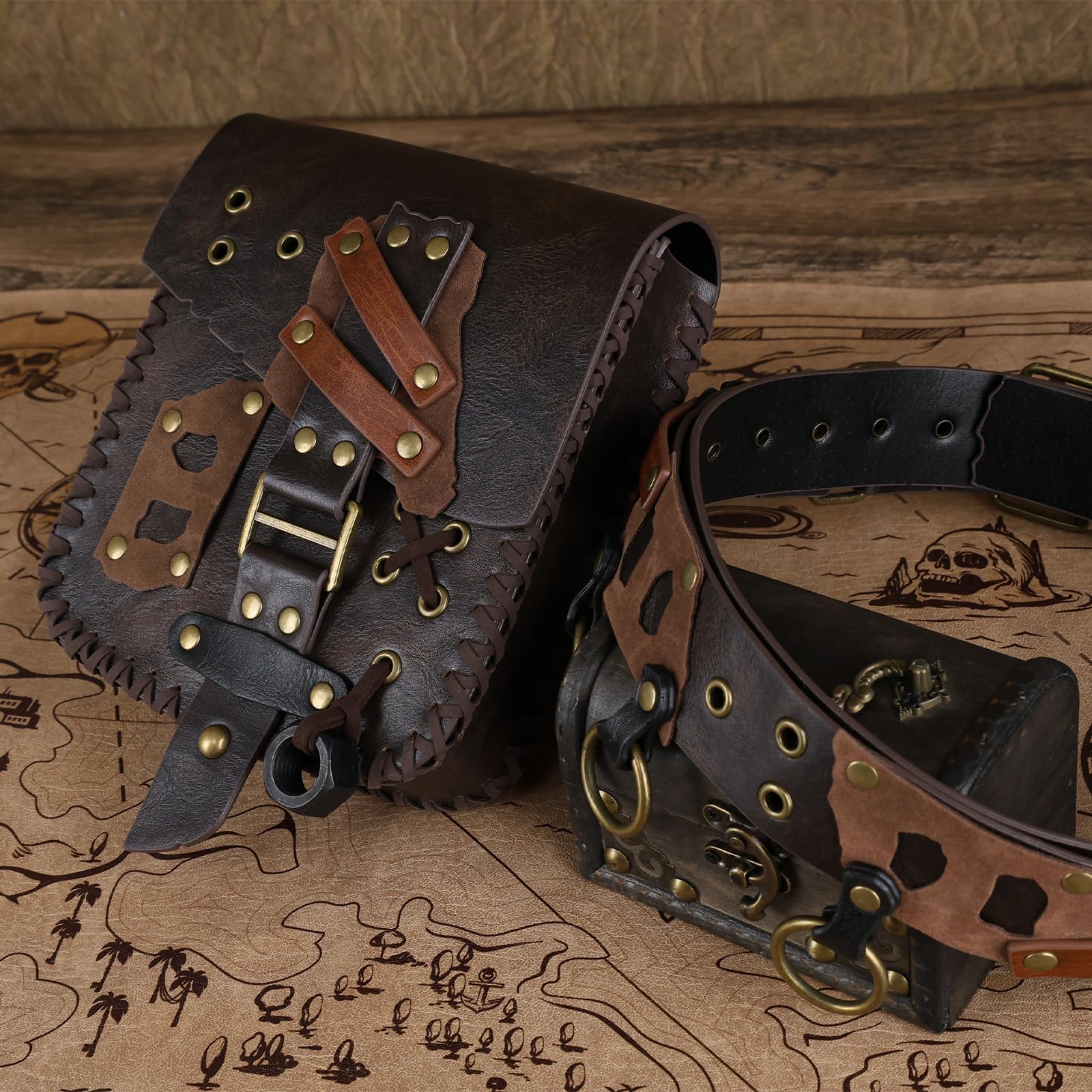HiiFeuer Mittelalter Wüsten Gürteltasche, Renaissance-Gürtel aus Kunstleder mit Steampunk-Gürteltasche für postapokalyptische Kleidung(Braun A)