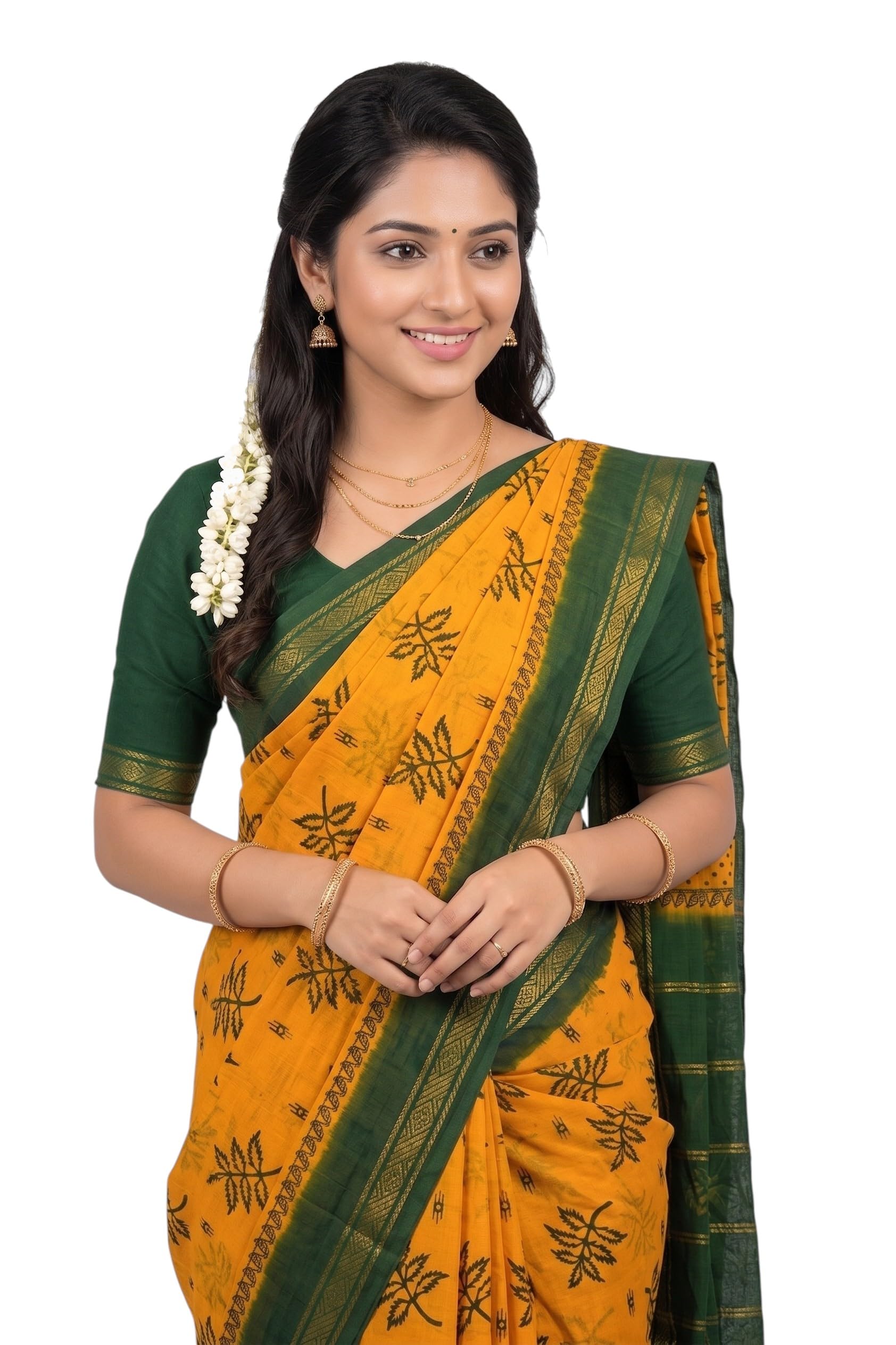 liasri Women's Handloom Sungudi Cotton Saree | Orange with Contrast Green Zari Border and Botanical Print | Traditional Daily Wear Saree Without Blouse-picture-13
