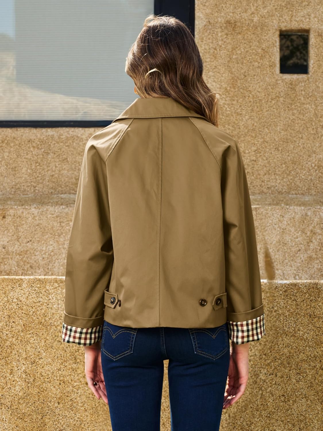 ELLEVEN Womens Oversize Trench Coat, Plaid Lining Single Breasted Fall Crop Jackets with Pockets Fashion Outerwear - Image 5