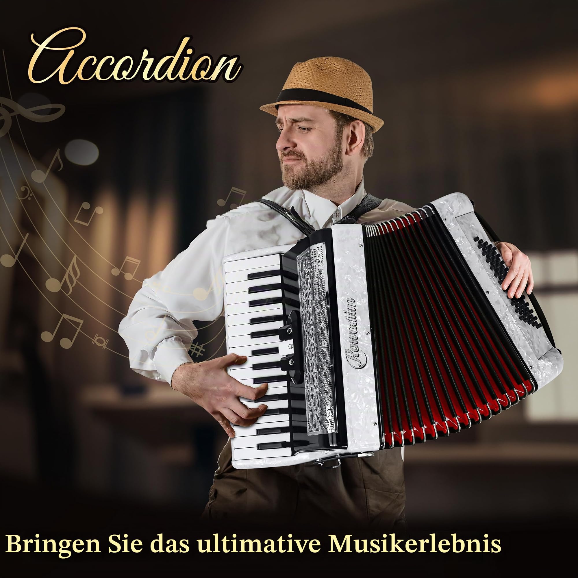 Akkordeon - 30 Tasten 60 Bass Professionelles Keyboard mit Rucksack & Gurt, ideal für Anfänger, Erwachsene, Studenten & Musikliebhaber (Weiß)