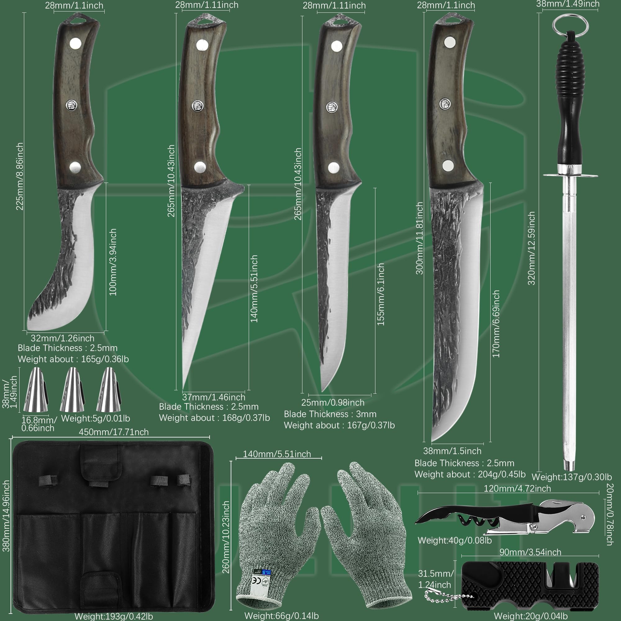 FULLHI Set di 17 coltelli da chef da macellaio (11 pezzi)