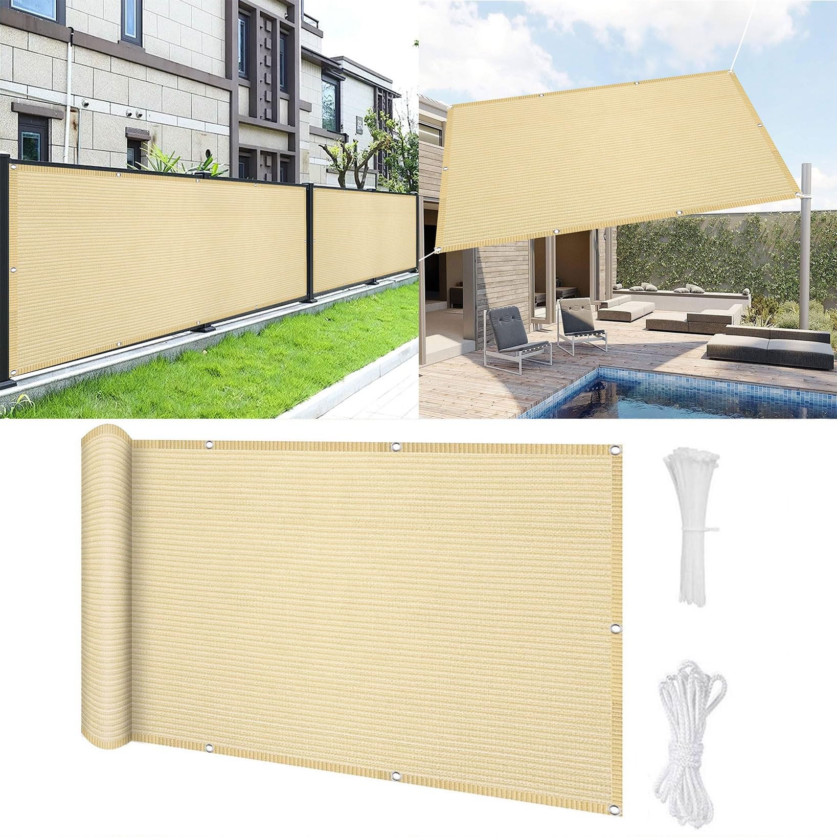 Balcony Privacy Screen Cover 85 x 300 cm Anti-Peeping, Anti-Ultraviolet Garden Fence Screen Balcony Screening with Cable Ties, Tear-Resistant for Deck, Backyard, Patio, Balcony, Cream Color — image 1