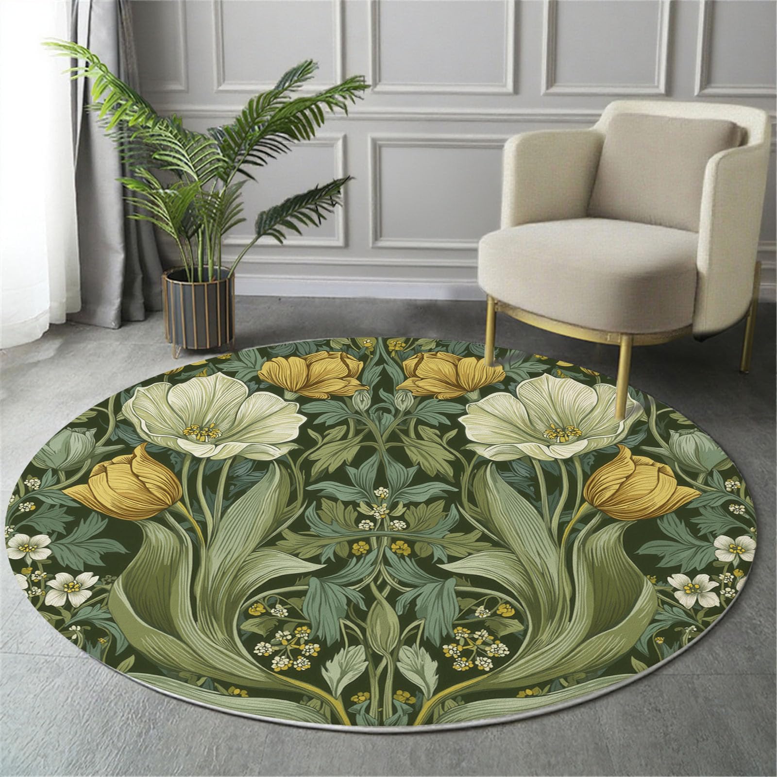 Tulipani Jojoba Tappeto Rotondo Salotto, Morbido Floreale Retrò Tappetini Antiscivolo Tappeto per Bambini Cameretta Cucina Casa Zona Balcone Tappet Tavolino (Verde Salvia,Ø 100 cm)