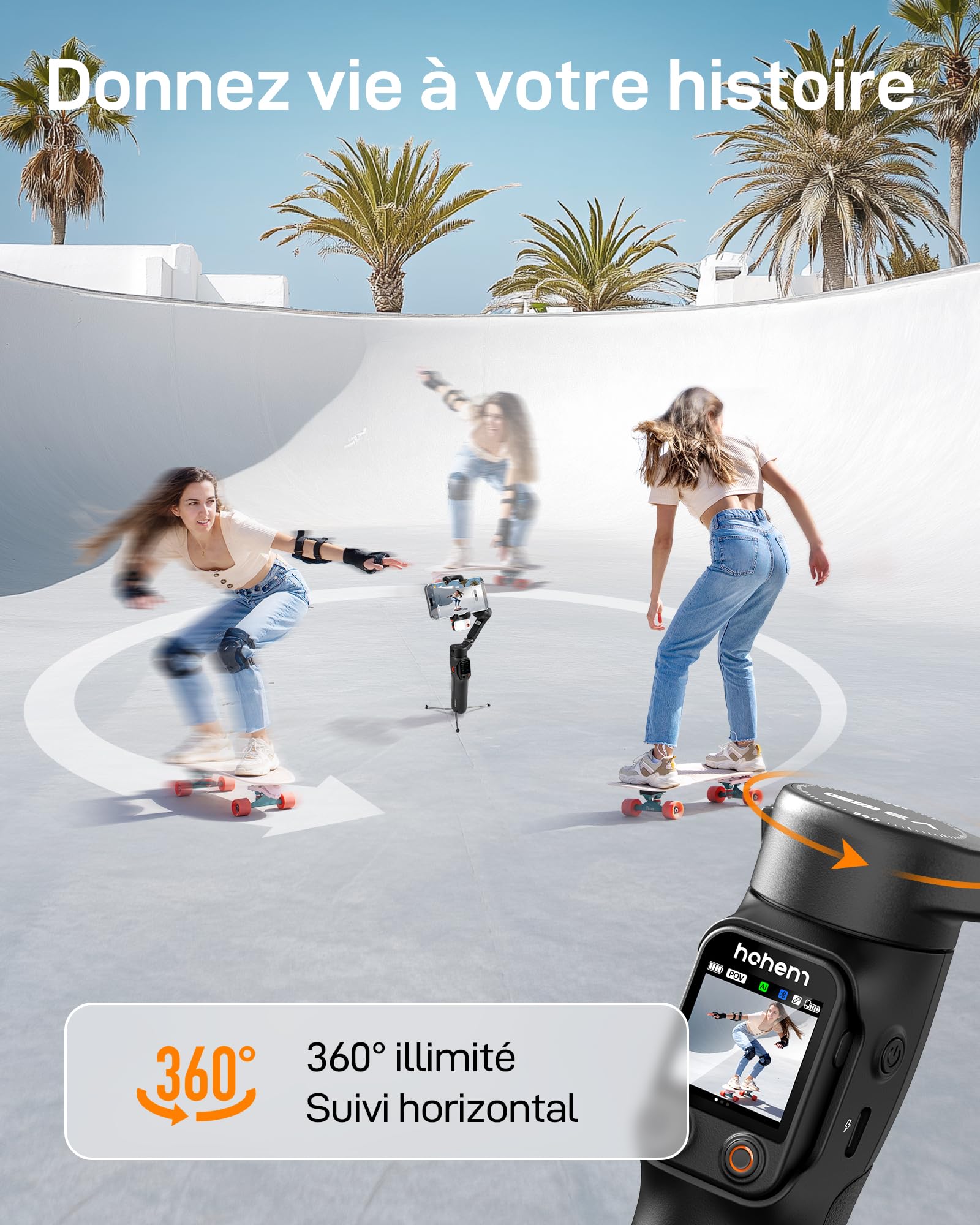 hohem Stabilisateur pour Smartphone iSteady V3 Ultra, Gimbal avec Suivi à 360°, Suivi IA Multimodal, Écran Tactile de 1,22 Pouce, Stabilisateur iSteady 9.0 pour Vlogs TikTok Youtube