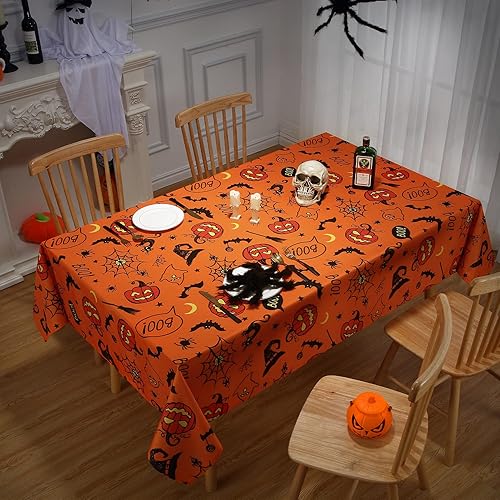 Miniatura 7 de CAROMIO Mantel de Halloween, tela de araña y calabaza, mantel impermeable de telaraña de murciélago y fantasma, decoración de mesa de Halloween,