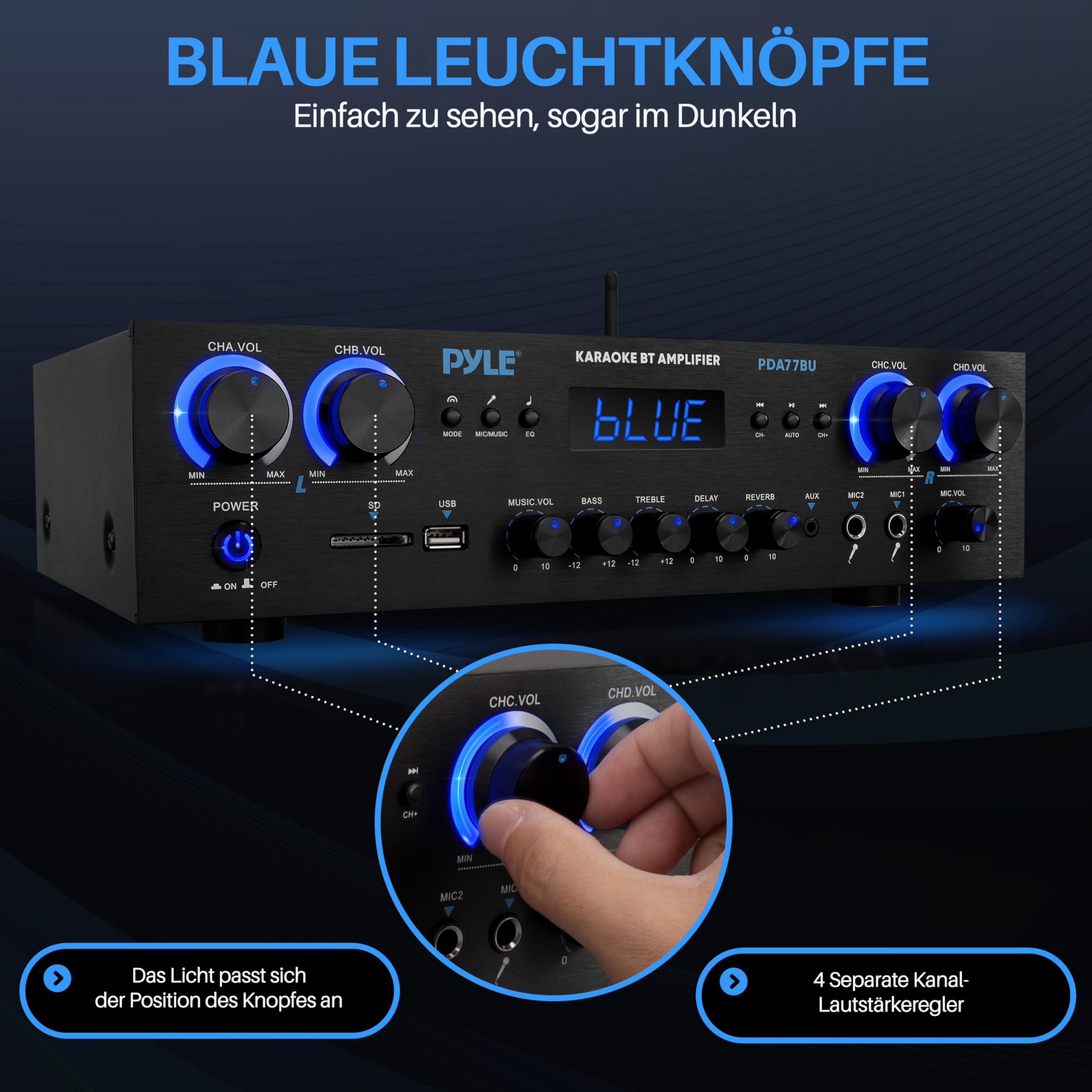 Pyle Amplifier, 800W Bluetooth Verstärker – 4-Kanal Mini Amp mit MP3, USB, AUX, SD, Mikrofon, FM, RCA, Reverb/Delay – Stereo für Heimkino, Studio & Theater, 4-Eingang-Verstärkersystem
