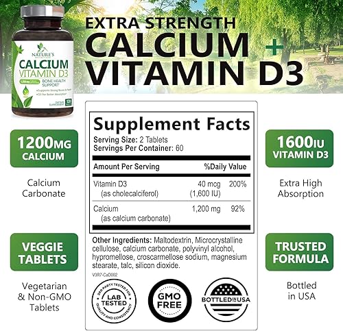 Miniatura 27 de Suplemento de calcio de 1200 mg - con vitamina D3 para una mejor absorción - Apoya la salud inmunológica, huesos y dientes - Carbonato de calcio
