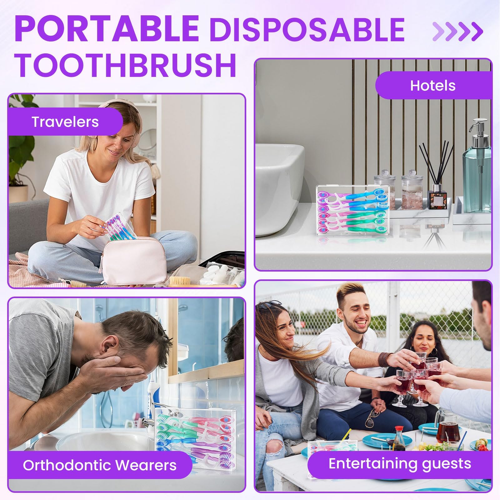 Paquete de 48 mini cepillos de dientes desechables 5 en 1, sin agua, con pasta de dientes, hilo dental, raspador de lengua, palillo de dientes, cepillos de dientes prepegados para viajes y