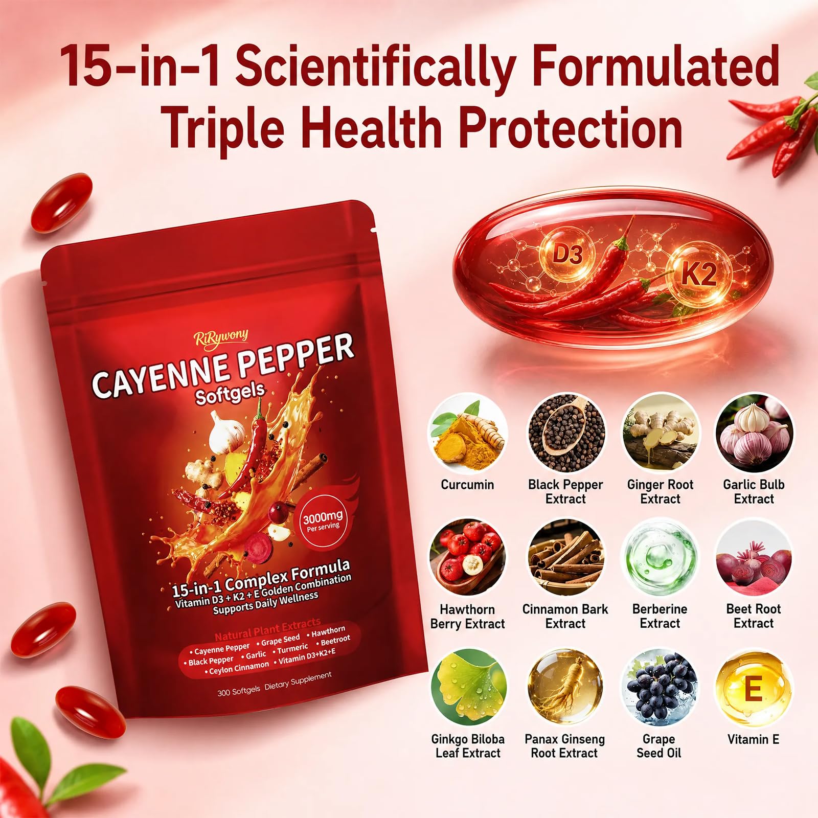 Cayenne Pepper Capsules, 15-in-1 Cayenne Pepper Supplements with Vitamin D3, K2, E & Grape Seed Oil, Supports Leg Vein, Heart and Blood Vessel Health, Daily Herbal Capsaicin Supplements, 300 Softgels — Amazon image 2