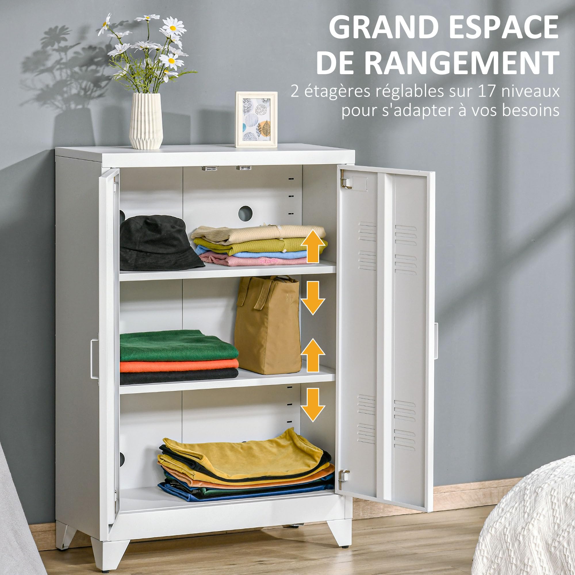 HOMCOM Armoire de bureau à 3 niveaux, meuble de rangement bureau métallique avec 2 portes et étagères réglables, armoire à dossiers pour domicile, garage, blanc