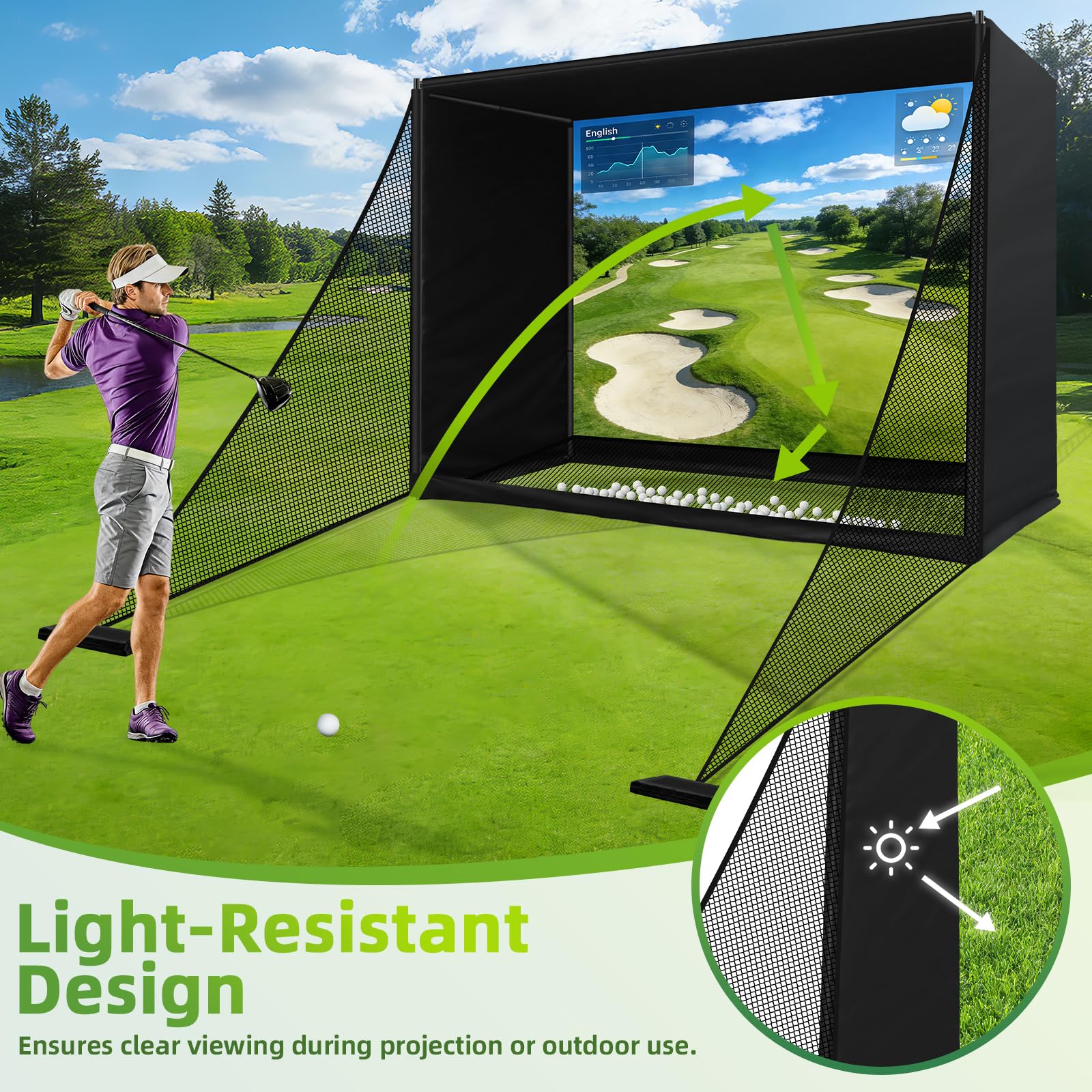 Filet d'entraînement de golf de 3 x 2,4 m avec écran d'impact cible pour simulateur de golf, utilisation intérieure et extérieure, pour l'entraînement au swing et au déchiquetage
