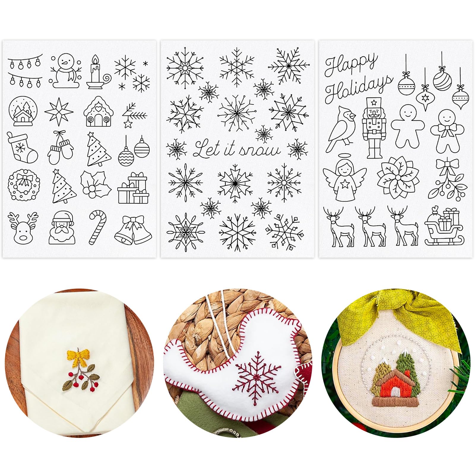 Holiday Hand Embroidery Transfer Patterns, 55 Water-Soluble Designs, 8.5 x 11 Inches, 3 Sheets, Christmas Theme with Snowflakes, Stick and Stitch Stabilizer