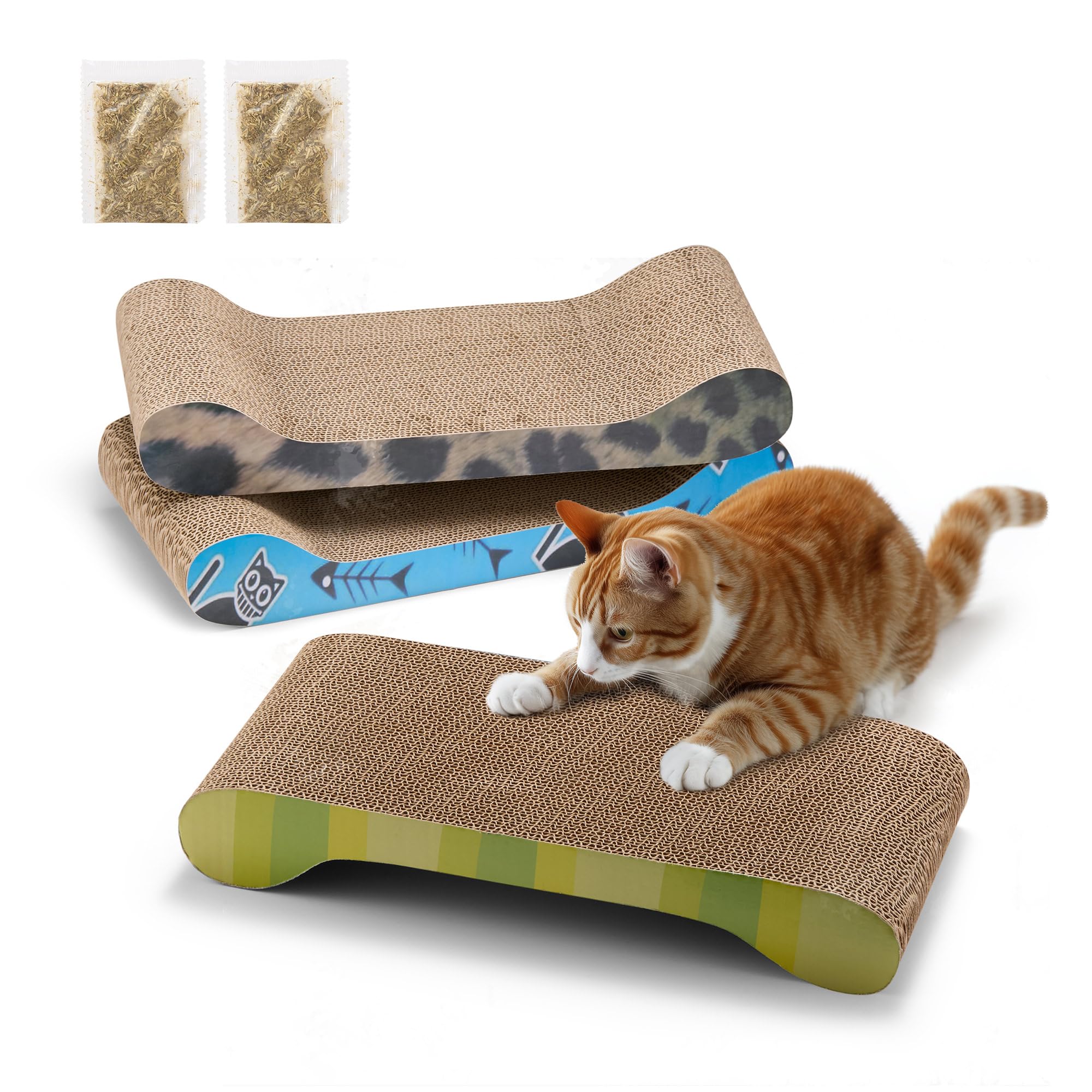 Cat Scratching Board – Pack of 3 Cardboard Cat Scratcher with Catnip, Scratching Mat for Indoor Kittens – 48x22x7cm