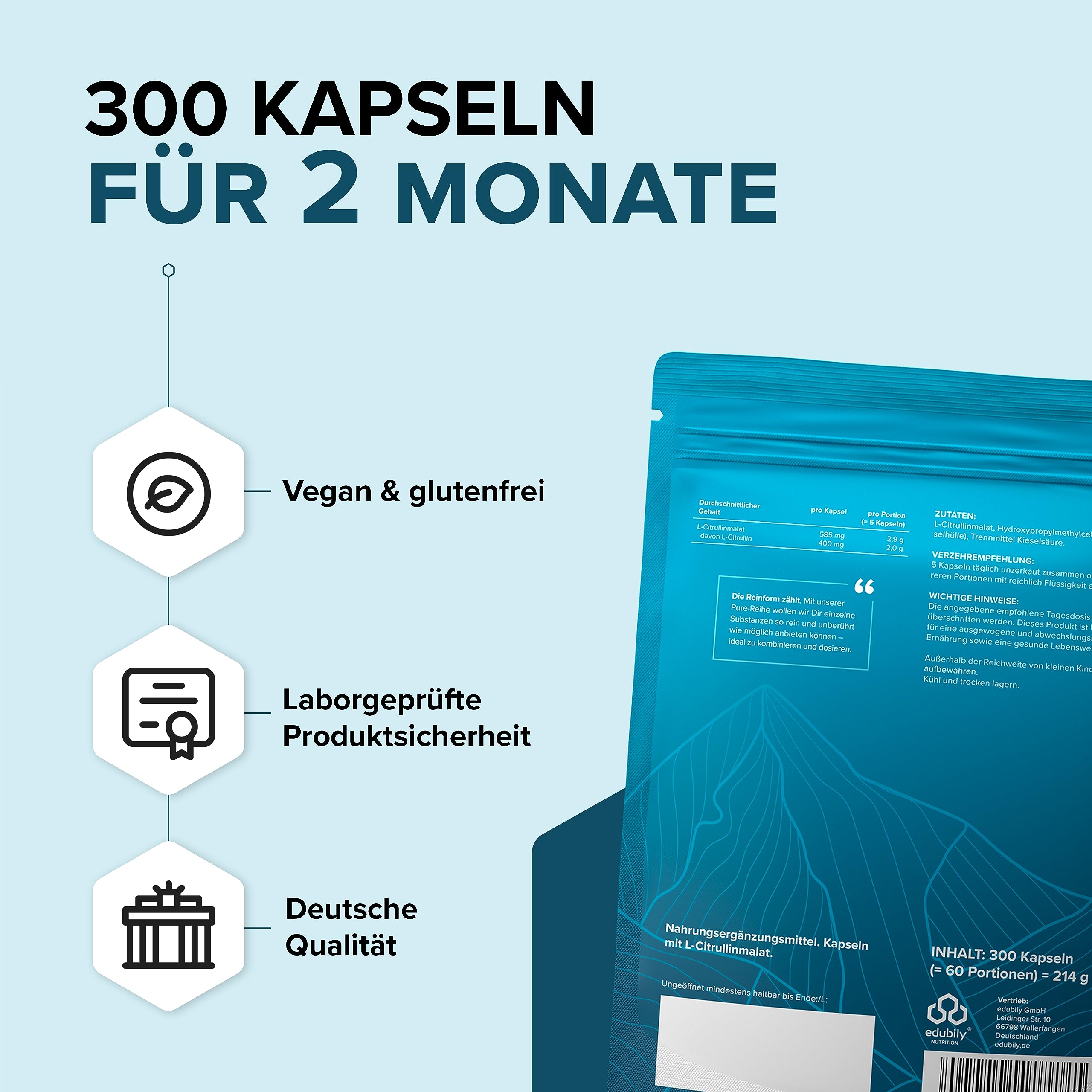 edubily® Citrullin Malat Kapseln - Pre-Workout Supplement - 2,9 g reines L-Citrullinmalat pro Kapsel - ohne Koffein (300 Kapseln)