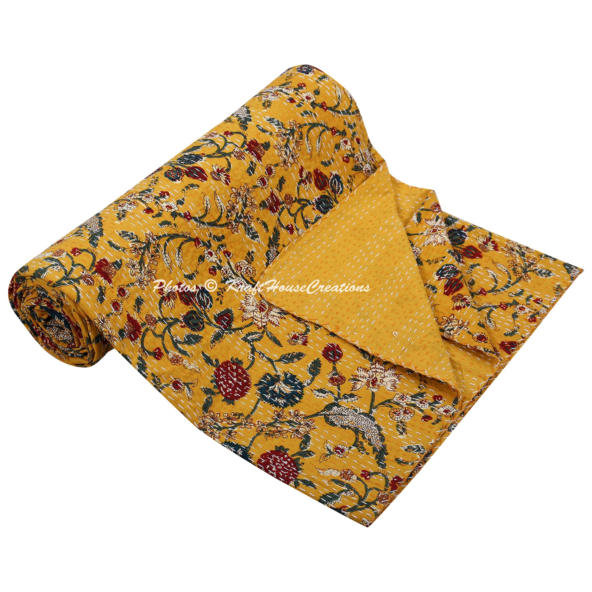 Couvre-lit Kantha fait main en coton jaune Queen indien chic