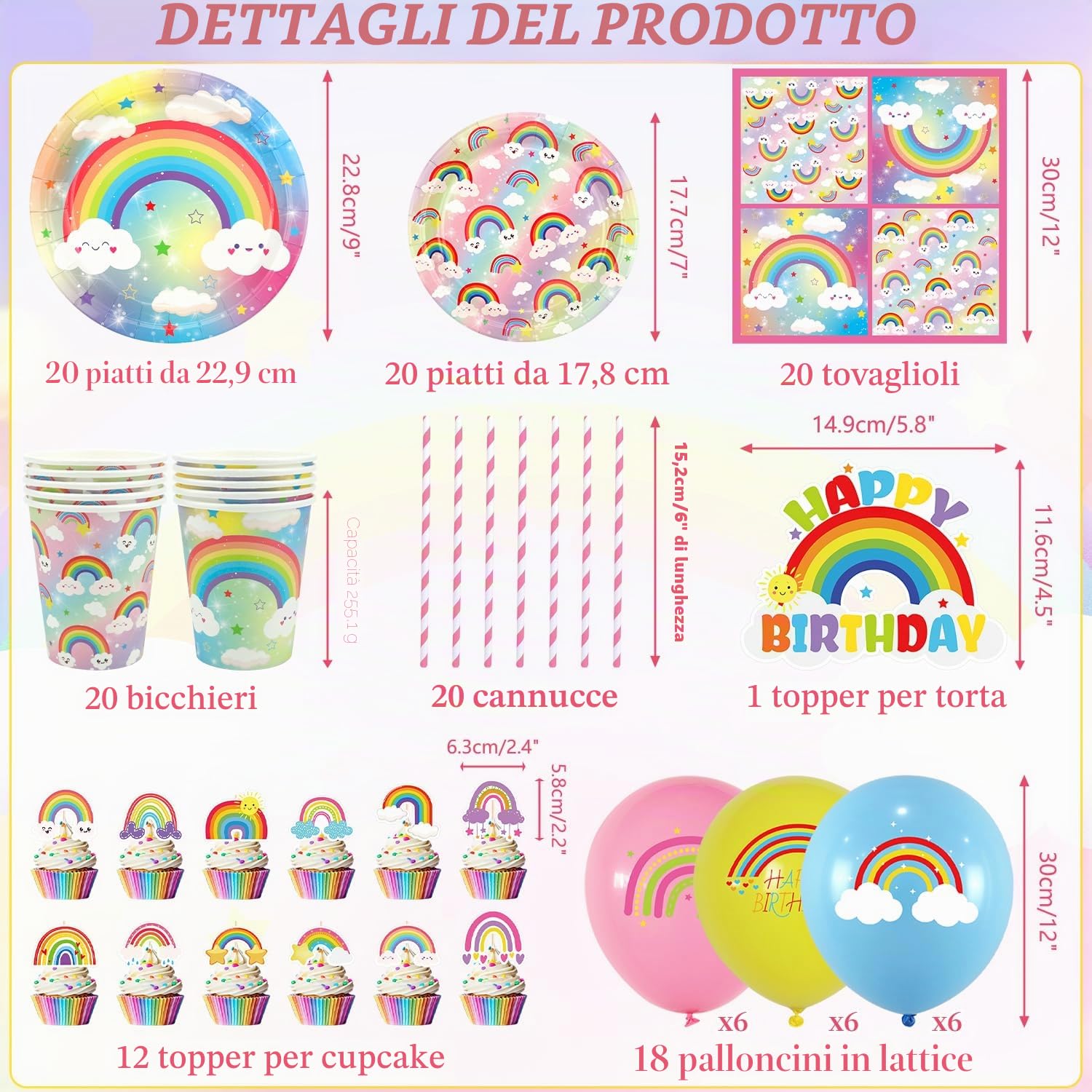 Decorazioni per Festa di Compleanno a Tema Arcobaleno - Forniture per Festa Arcobaleno compresi sfondo, piatti, Cake Topper, tazza, tovagliolo, palloncino, tovaglia - per 20 persone (BJ)
