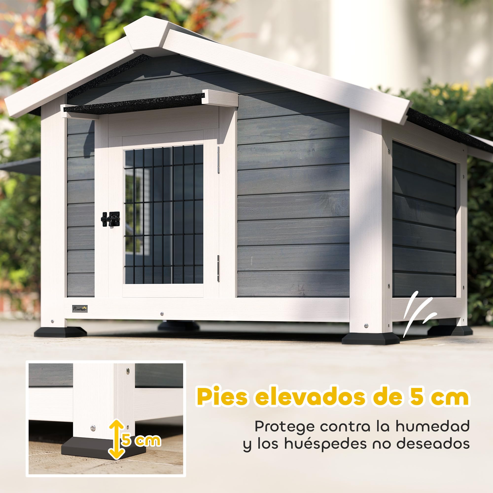 PawHut Caseta para Perros Exterior de Madera, Casa para Perros Medianos con Techo Asfático, Suelo Extraíble, Ventana Abatible y Puerta Ventilada, Base Elevada, 98x76x69,5 cm, Gris
