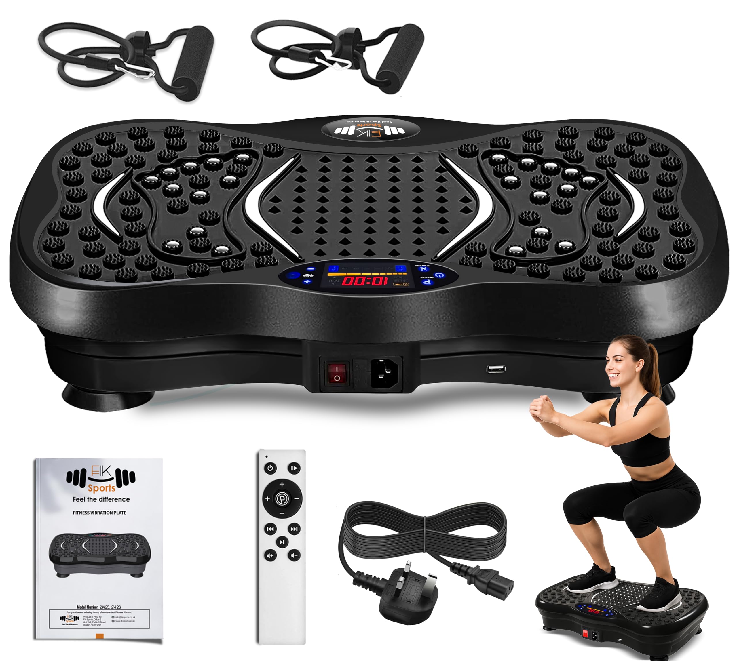 FK Sports Vibration Plate Exercise Machine, Vibration Fitness Trainer with Bluetooth Speaker, Remote, 99 Intensity Levels, 5 Programs, 2 Resistance Bands Speed Adjustable For Body Workout (Black)