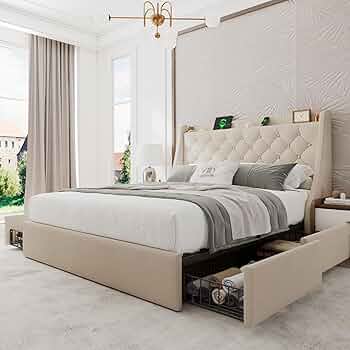 Upholstered Queen Bed Frame with 4 Storage Drawers, Modern Platform Bed with Wingback Headboard, Charging Station, No Box Spring Needed, Beige