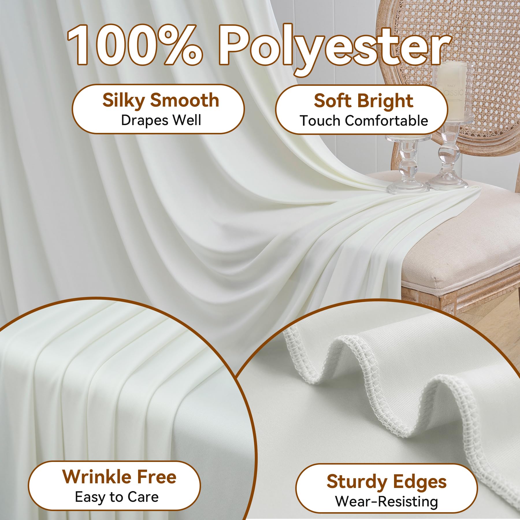 NSSONBEN Rideau de Fond crème sans Plis de 6 m x 3,6 m pour Mariages et fêtes, 4 Panneaux de 1,5 m x 3,6 m en Polyester Doux et Soyeux pour Rideaux de Fond pour Photographie de fête