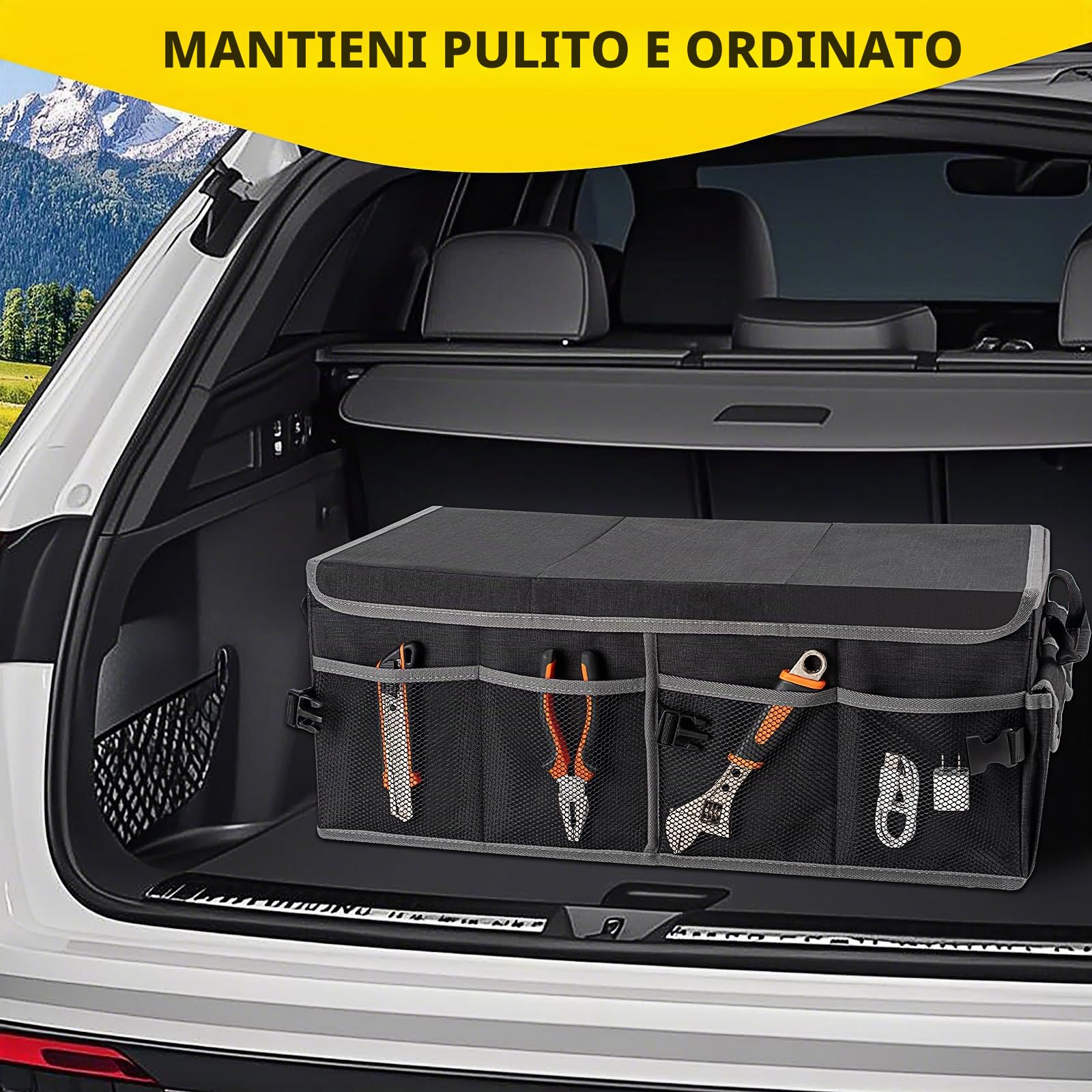 YBCPACK Organizer per bagagliaio dell'auto, 60 l, con coperchio, impermeabile e pieghevole, con velcro antiscivolo, 3 livelli e tasche laterali, organizer per auto in materiale Oxford, per campeggio,