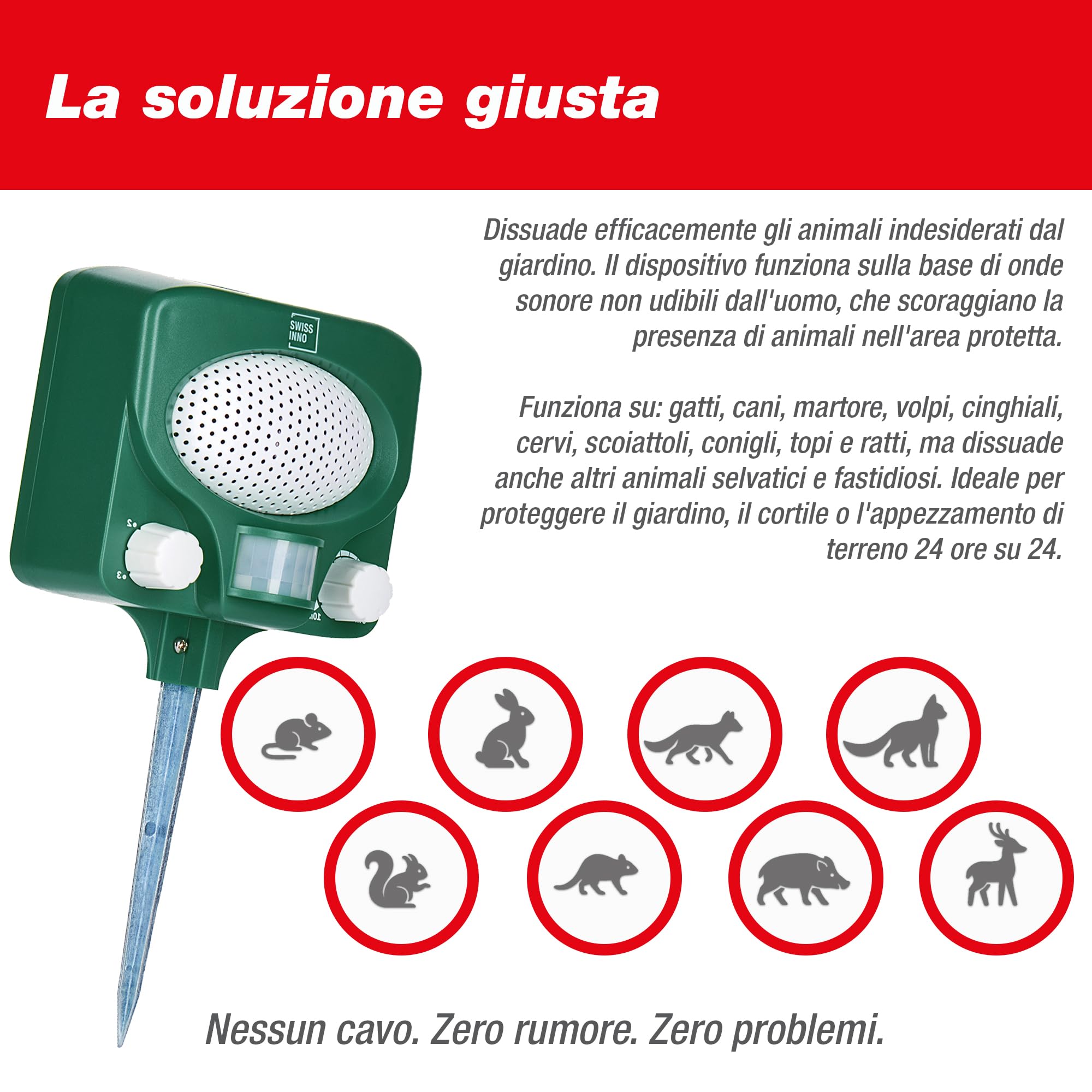 SWISSINNO Repellente Ultrasuoni Animali con Pannello Solare – Allontana Gatti Cani Martore Volpi Ricci – Copertura 100m² – Uso Giorno e Notte – Impermeabile per Esterni