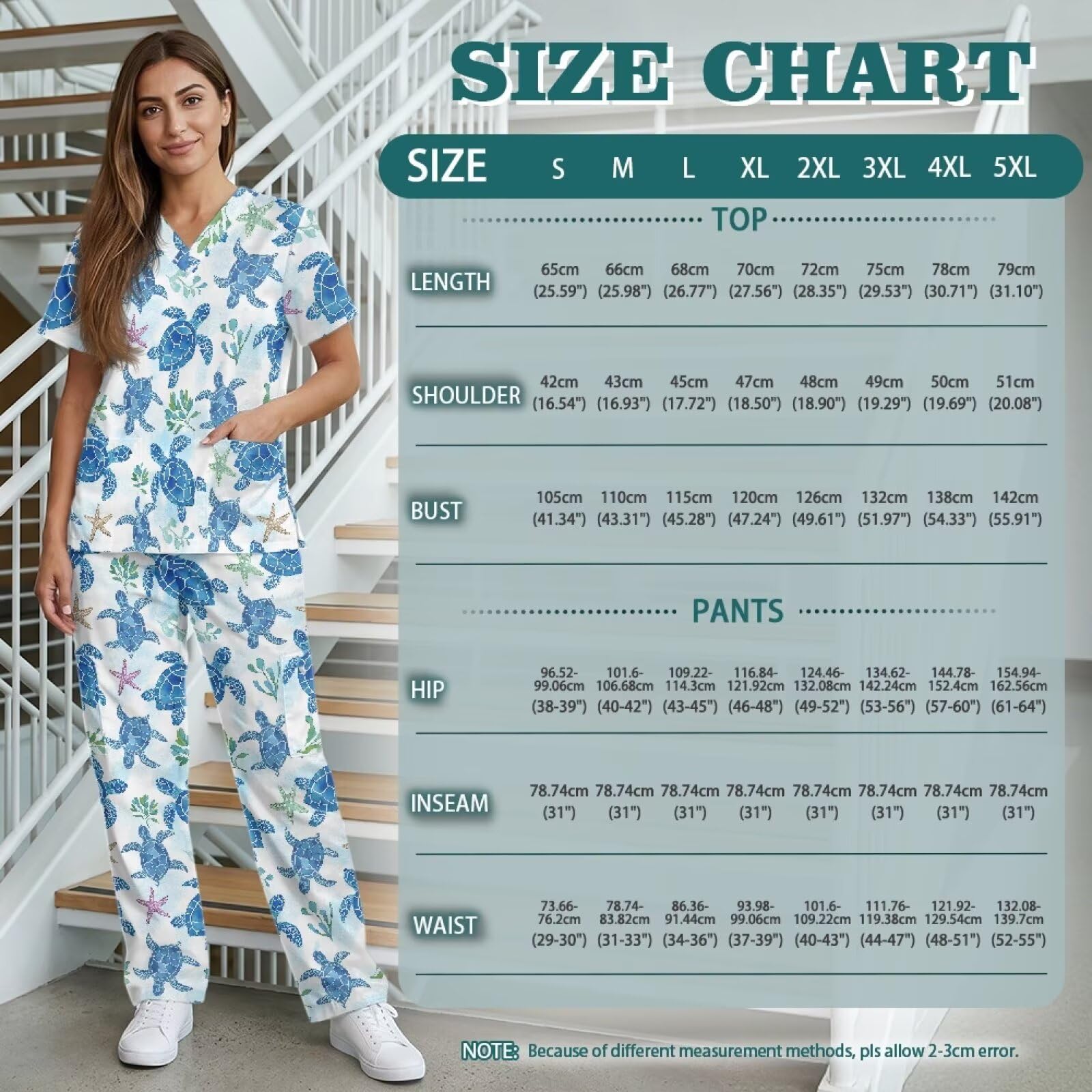 Sea Turtle - Conjunto de ropa quirúrgica para mujer, suave, de fácil cuidado, y pantalones altos con 6 bolsillos, ropa quirúrgica de talla grande para mujer, ropa de trabajo, color azul