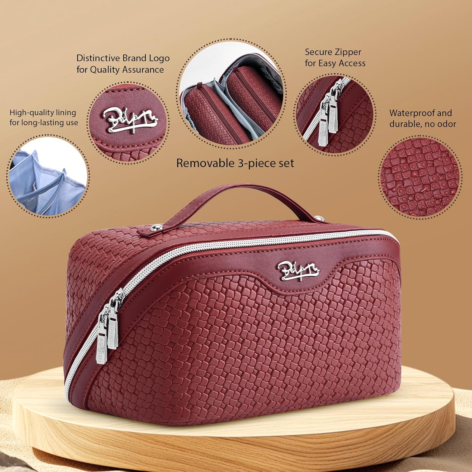 BOYATU Travel Makeup Bag Cosmetic Bags for Women: Large Capacity 3 Pcs Set Make up Bag with Compartments - Waterproof Vegan Leather Toiletry Organizer Bags with Handle (L52Burgundy)