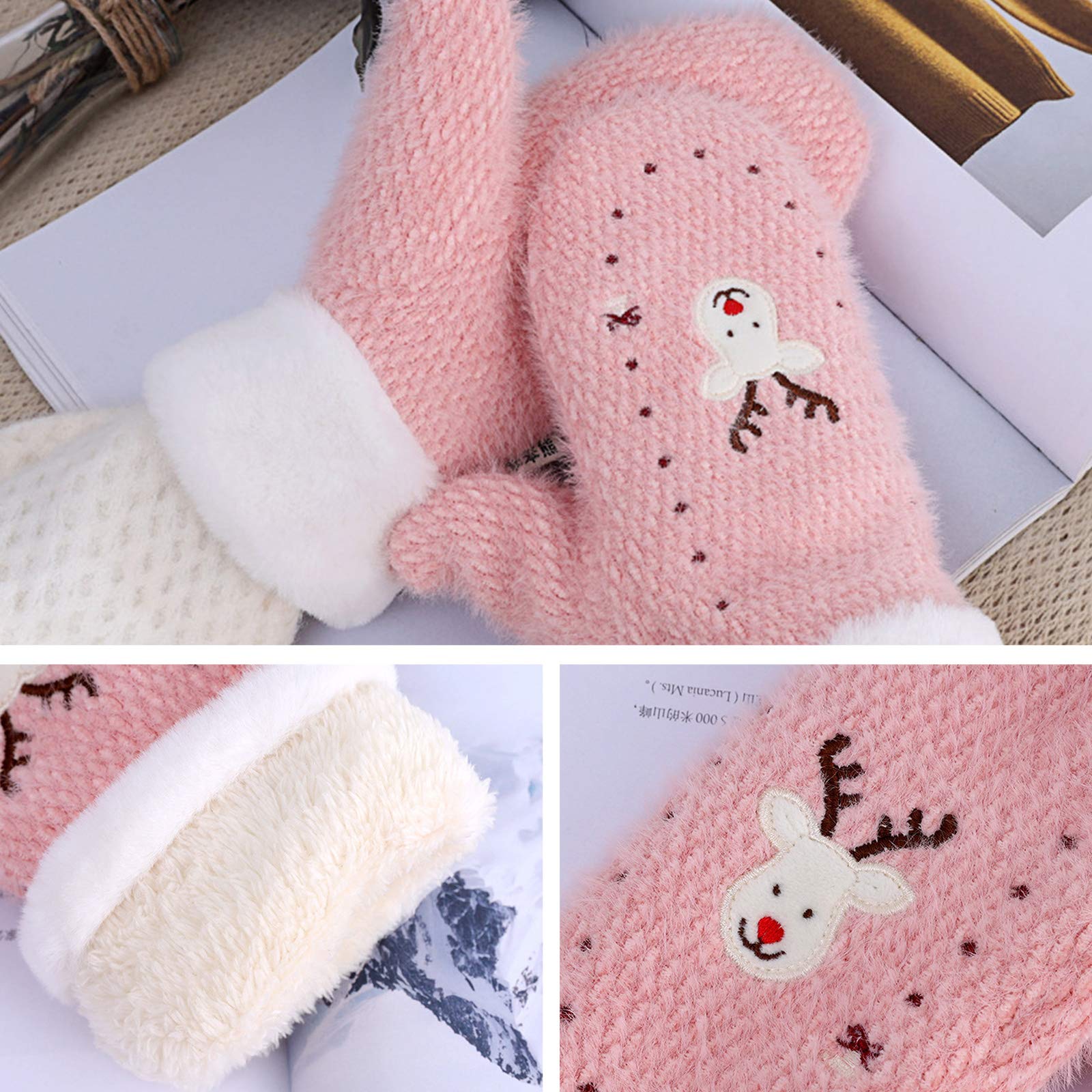Women Winter Christmas Knit Full Finger Gloves Elk Embroidery Plush Lined Mitten