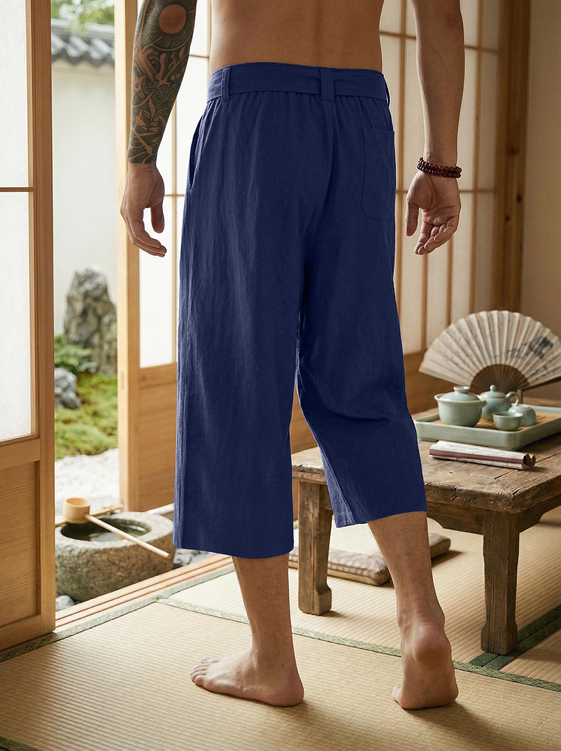 YAOBAOLE Pantalon Japonais Homme Pantalon Court Taro pour Hommes en Lin Vêtements Traditionnels Japonais avec Cordon de Serrage
