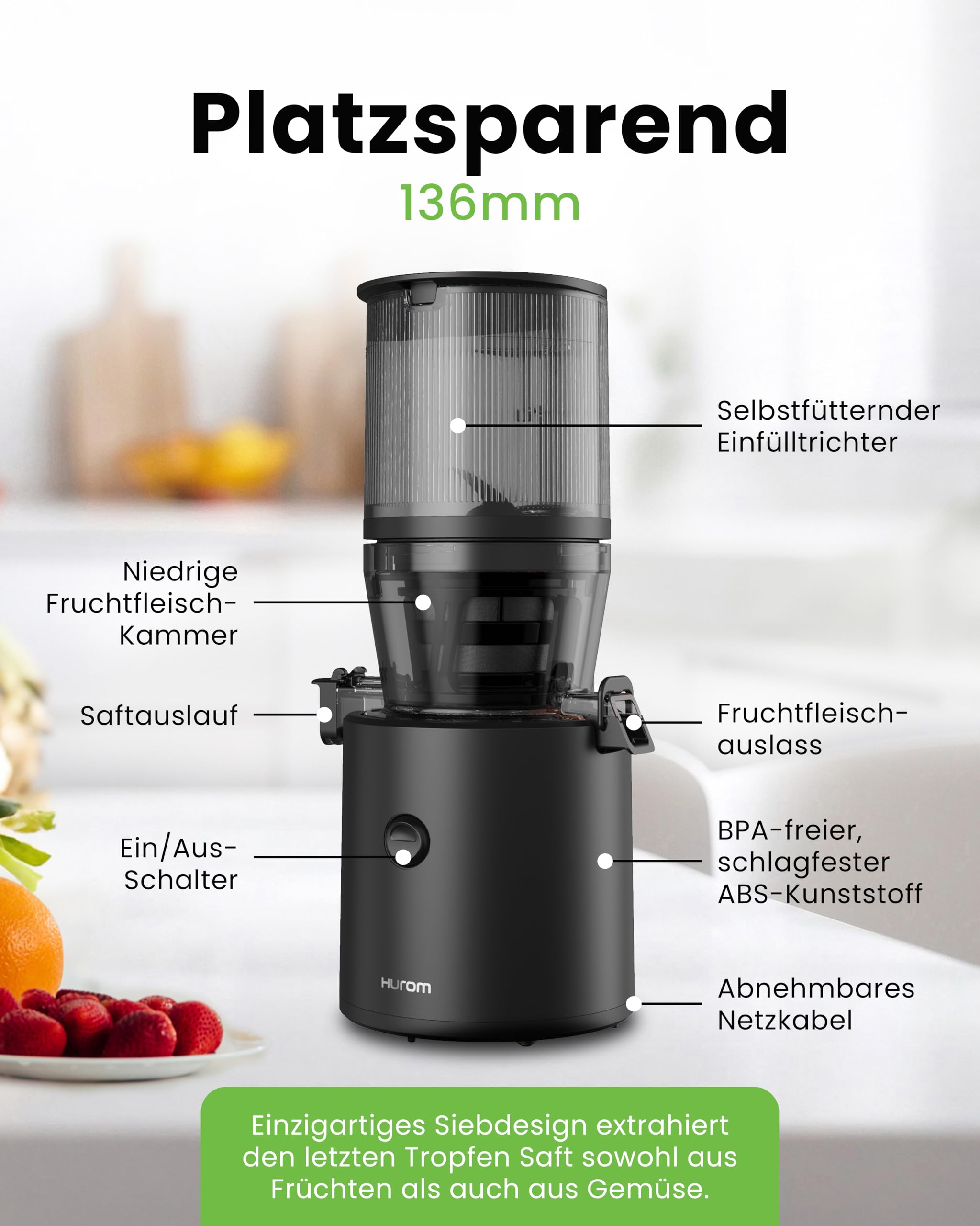 Hurom Slow Juicer | Entsafter Gemüse und Obst | H320N | Elektrische Kaltpresse | Ruhiger Motor | Leicht zu Reinigen mit Großem Behälter und Siebfilter 2L | 200 Watt | BPA Frei | Schwarz