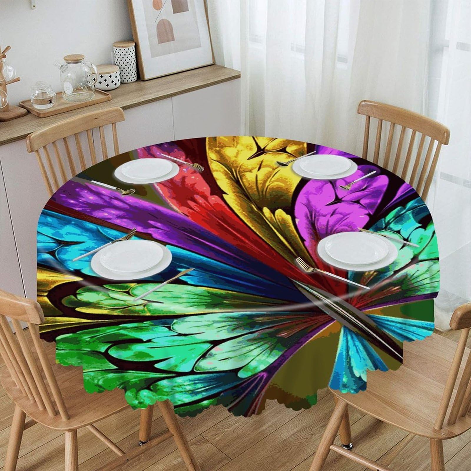 FekiLoot Rainbow Butterfly Round Tablecloths 60 Inch Resistant Washable Polyester Table Cloth Style Decorative Circle Fabric Table Cover for Dining Kitchen Party Farmhouse Outdoor