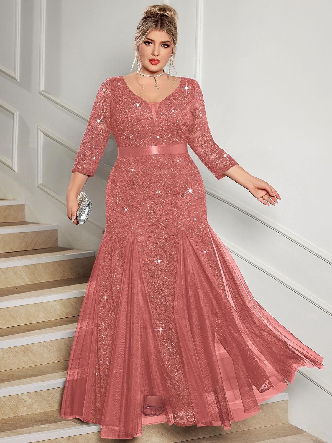 MISSMAY Women's Plus Size Double V-Neck Sequin Lace Tulle Mermaid Evening Wedding Formal Dress for Curvy Women - Image 4