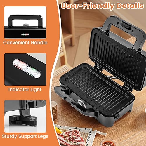 Miniatura 7 de COSTWAY Máquina de gofres de 1200 W con platos antiadherentes extraíbles, prensa Panini Grill con control de temperatura de 5 engranajes,
